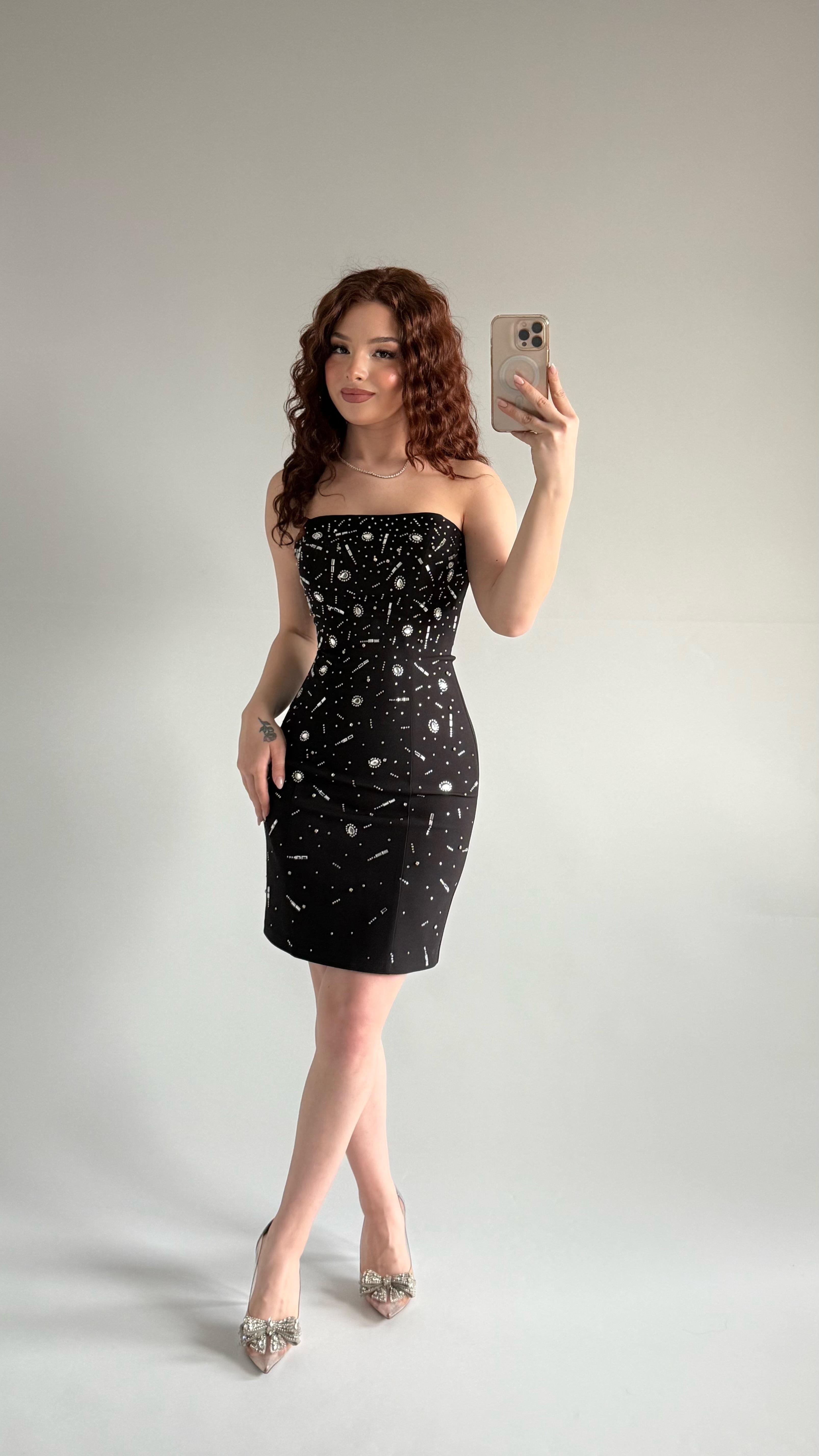 Luxury Straplez Taşlı Mini Abiye Siyah 