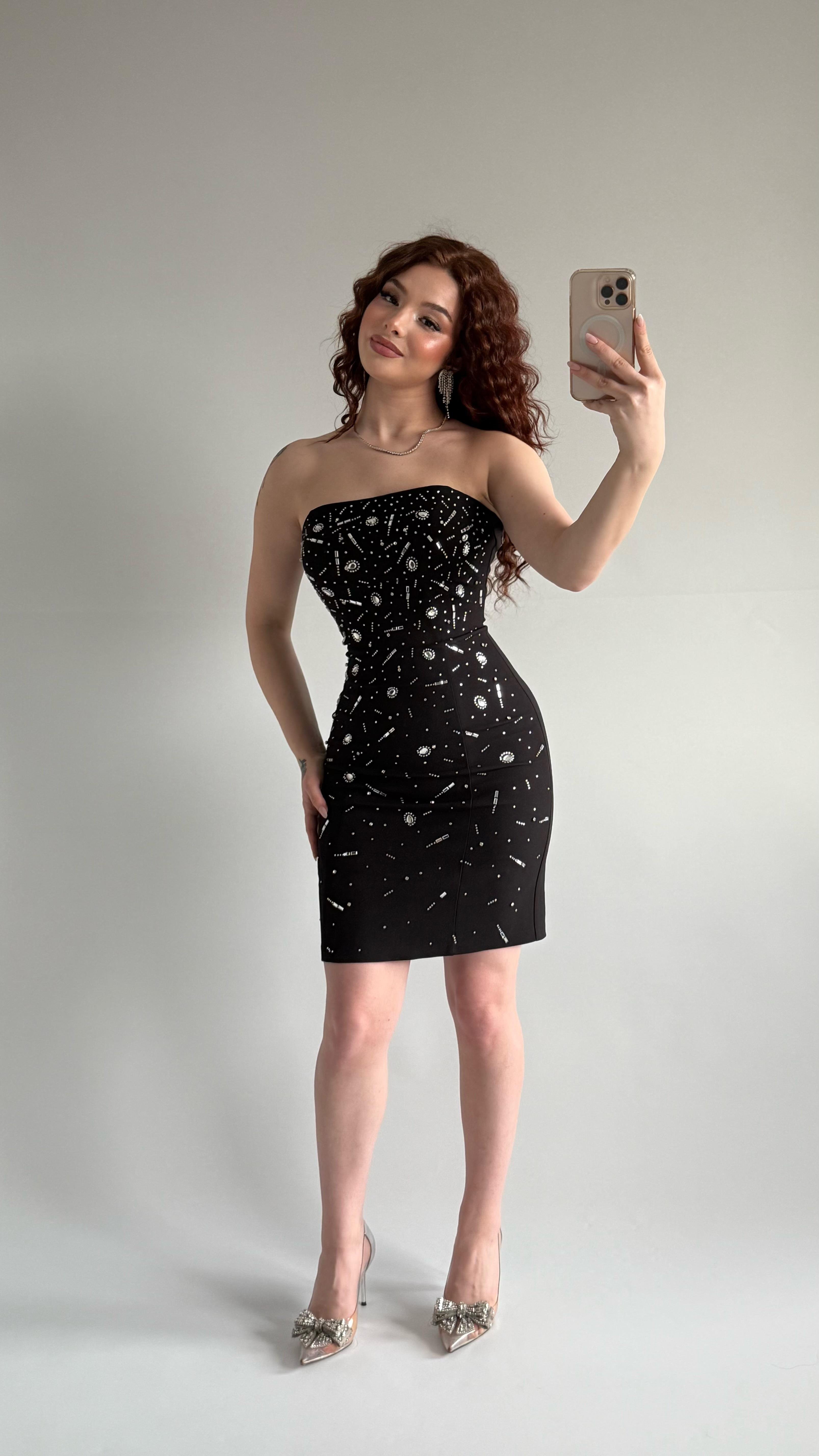 Luxury Straplez Taşlı Mini Abiye Siyah 