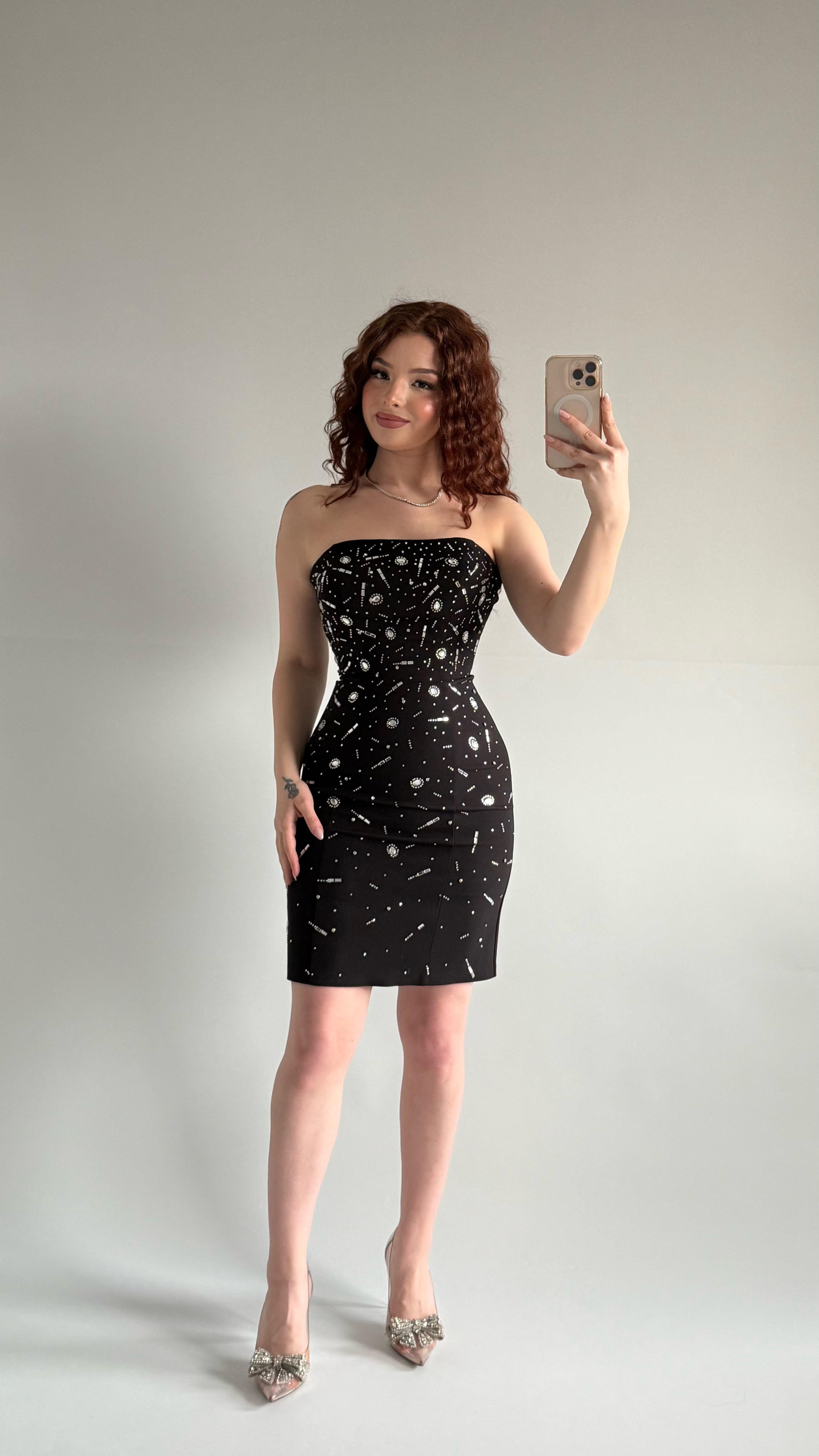 Luxury Straplez Taşlı Mini Abiye Siyah 