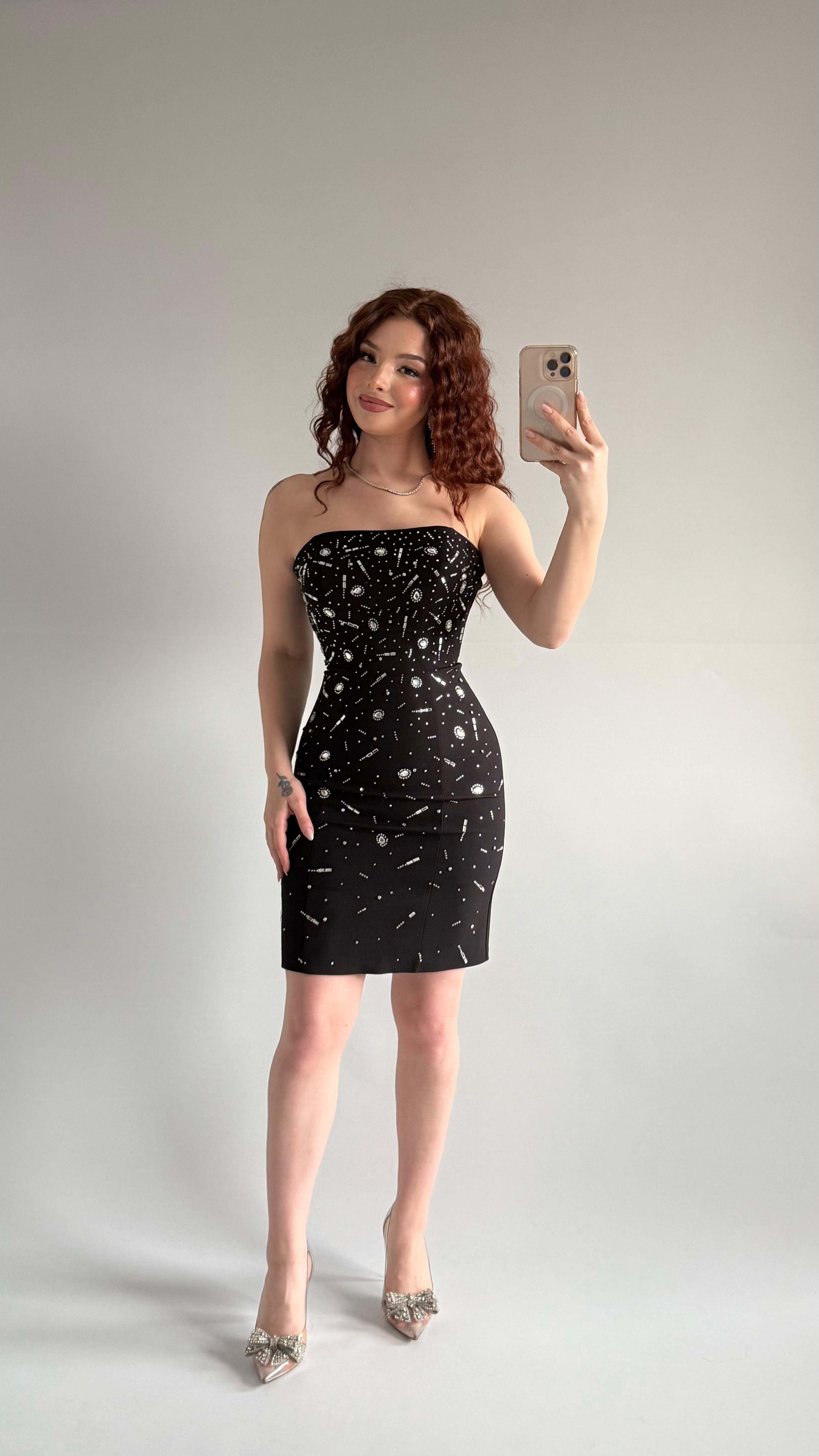 Luxury Straplez Taşlı Mini Abiye Siyah 