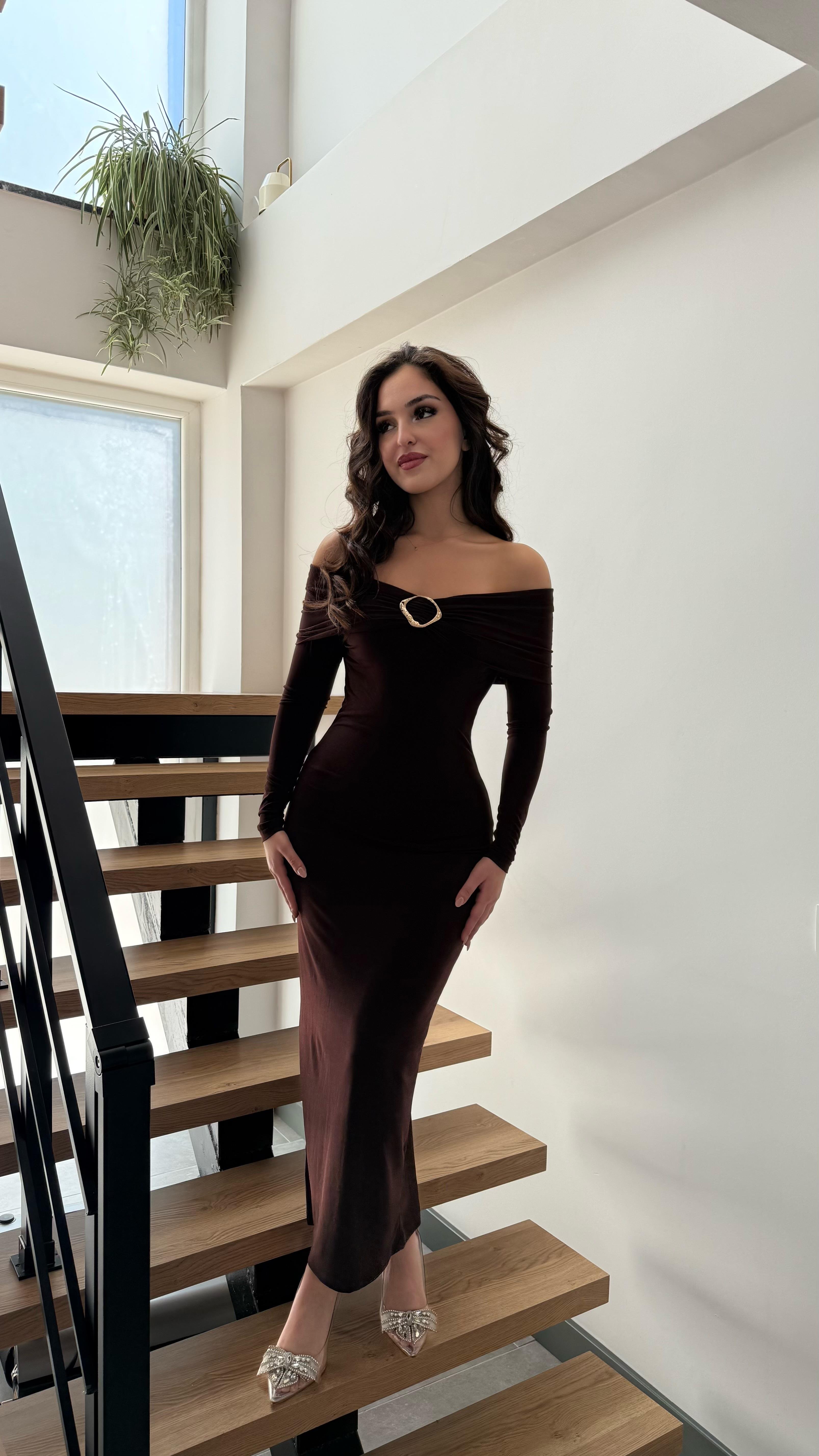 Madonna Gold Aksesuarlı Elbise Kahverengi