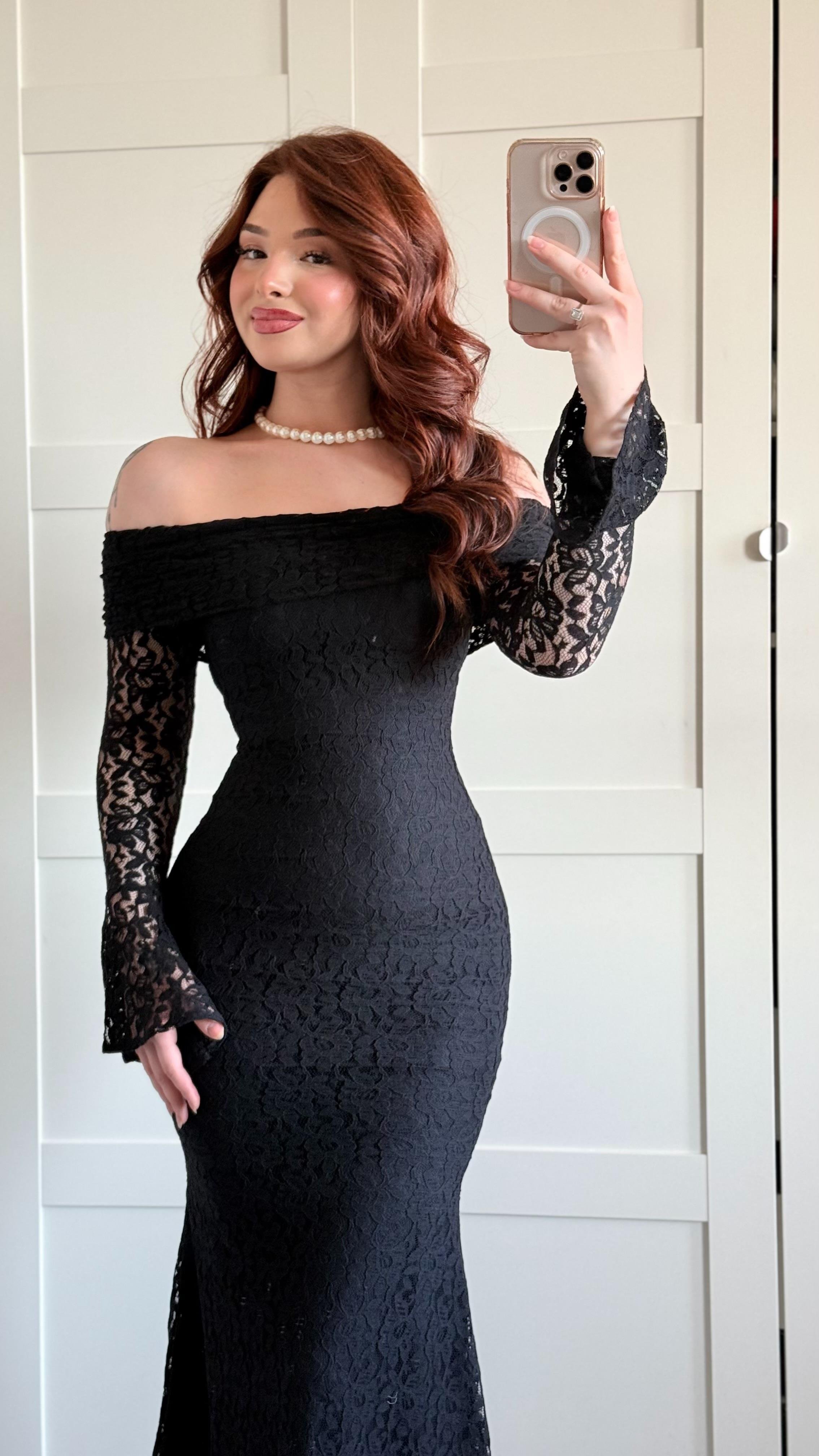 Madonna Yaka Dantel Uzun Elbise Siyah
