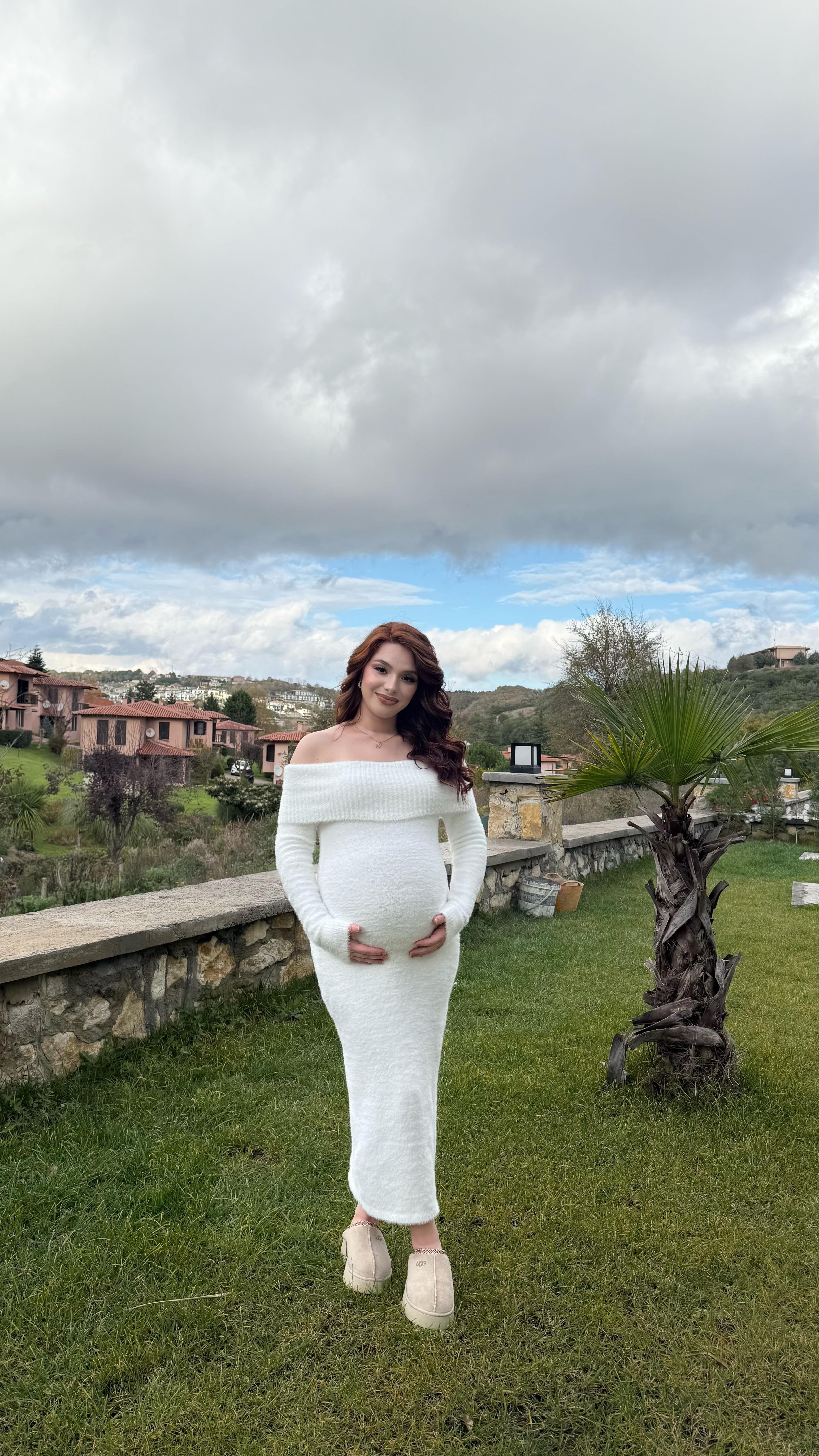 Madonna Yaka Peluş Elbise Beyaz