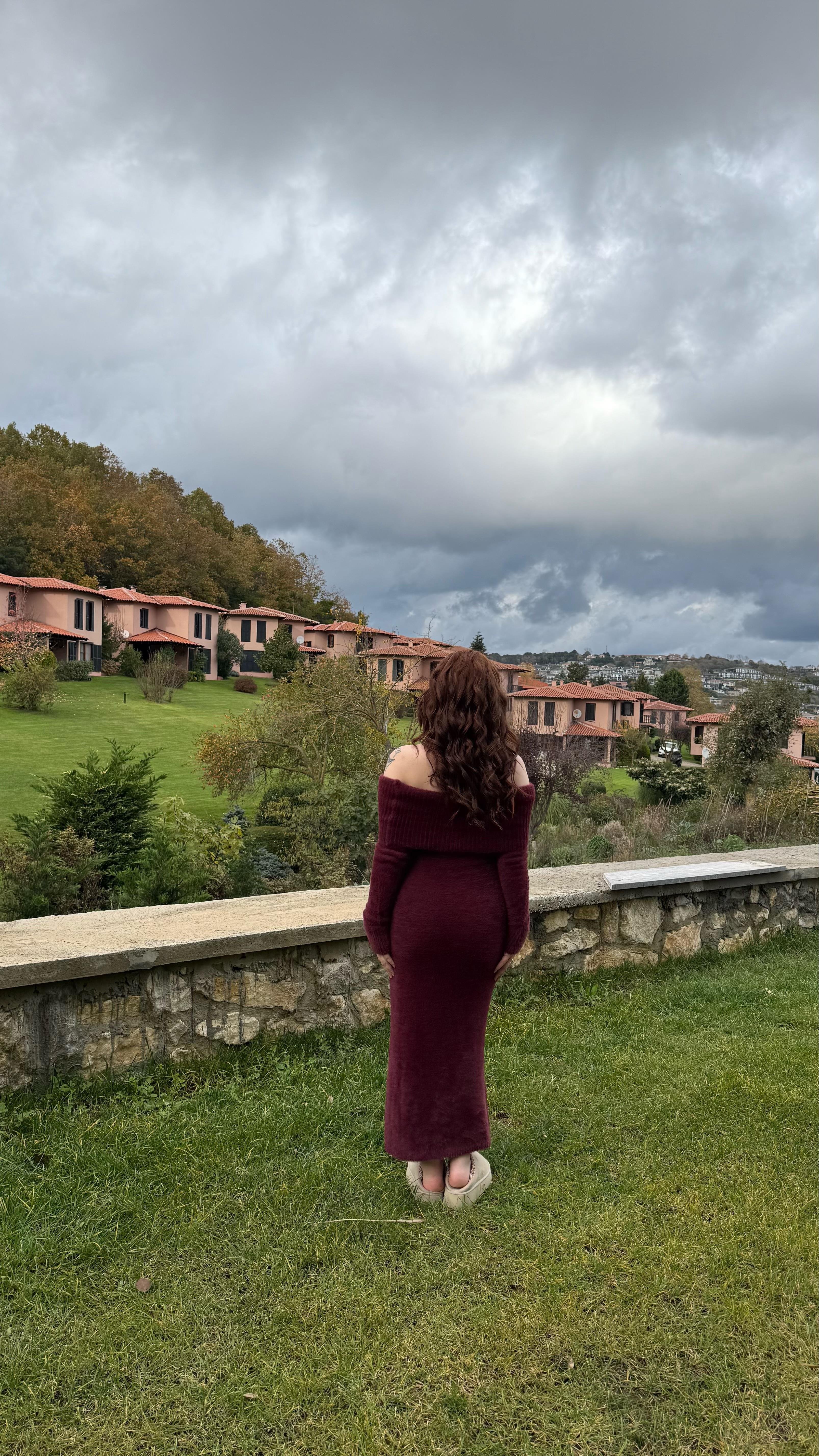 Madonna Yaka Peluş Elbise Bordo