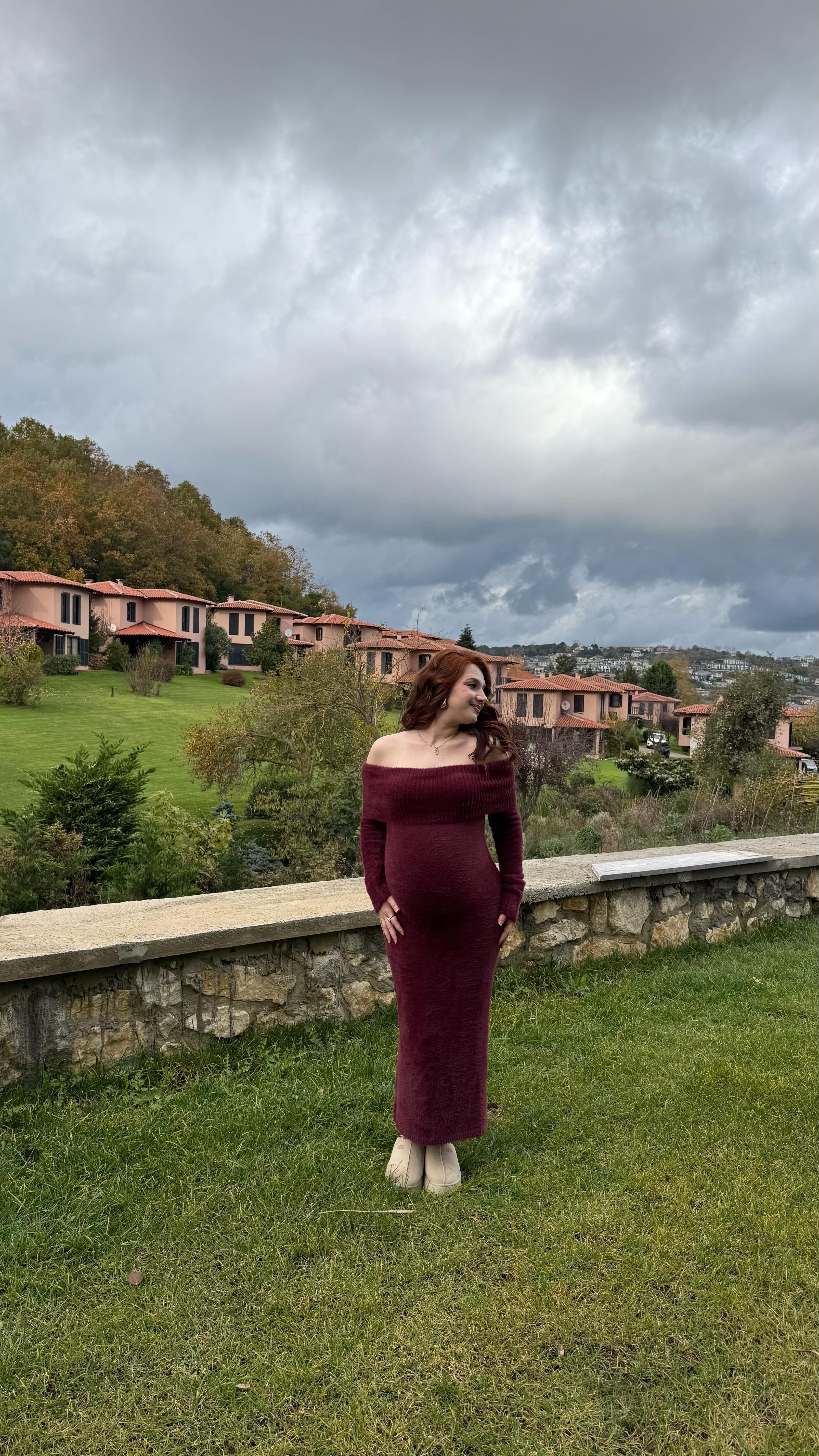 Madonna Yaka Peluş Elbise Bordo