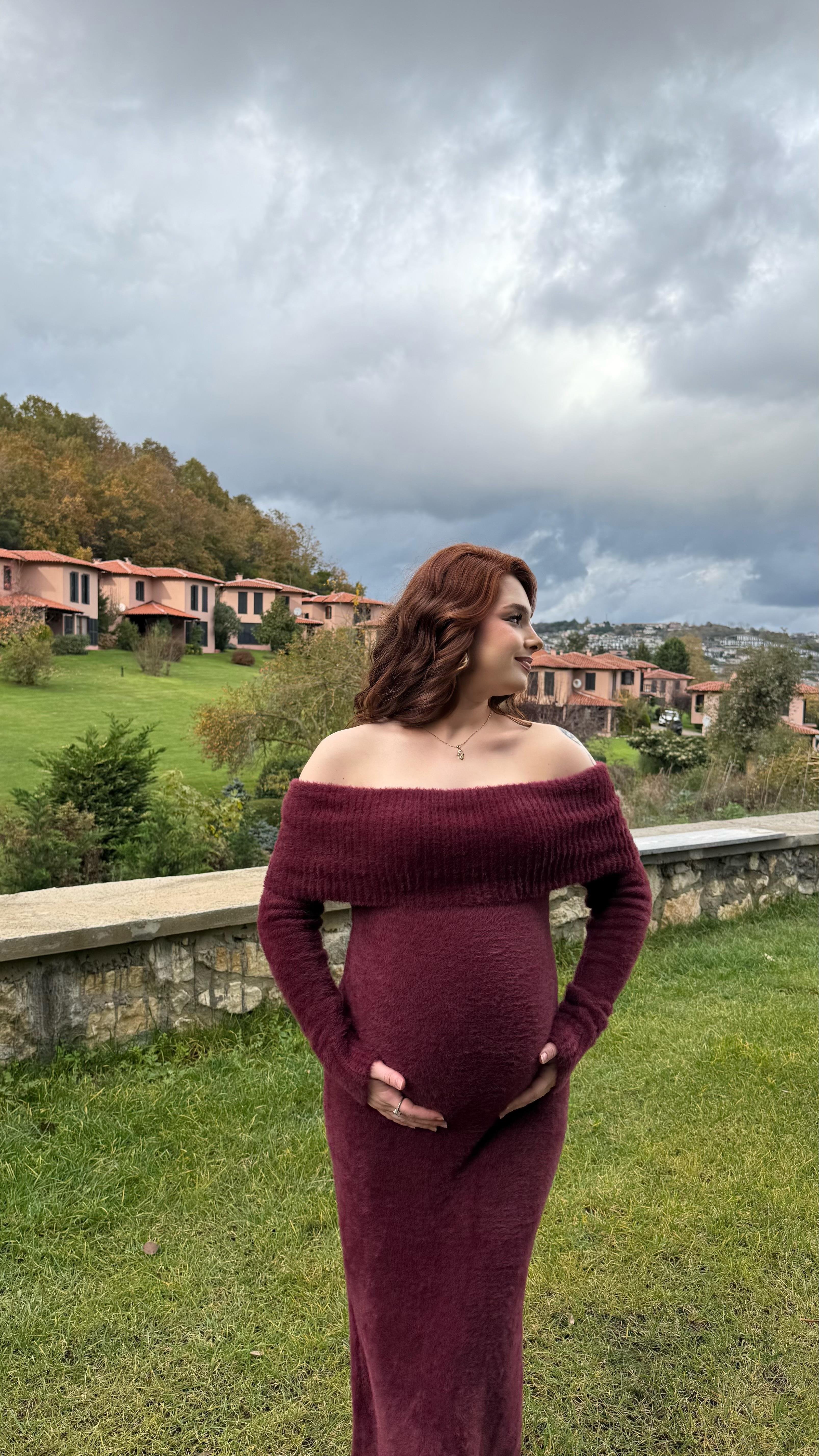 Madonna Yaka Peluş Elbise Bordo