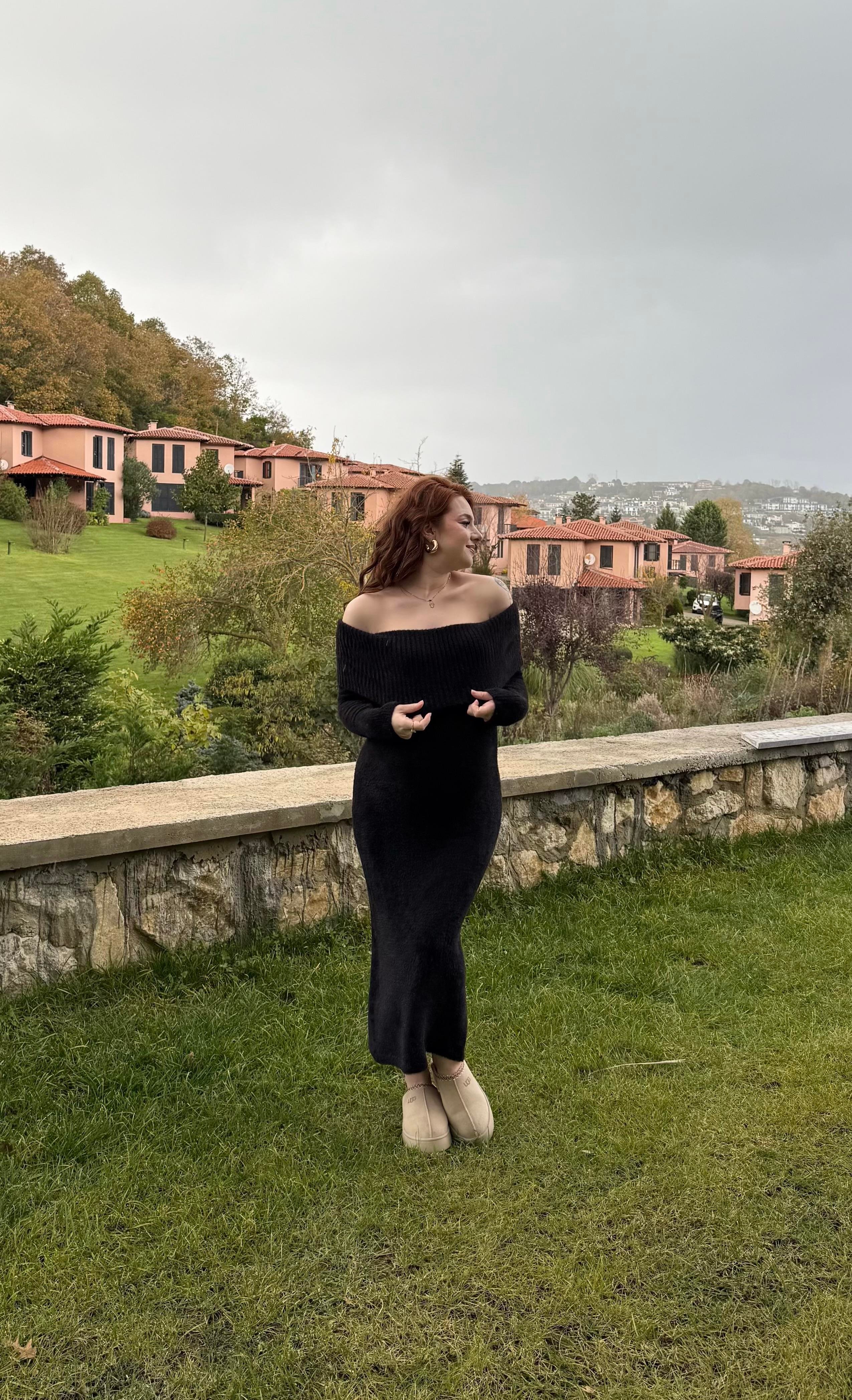 Madonna Yaka Peluş Elbise Siyah