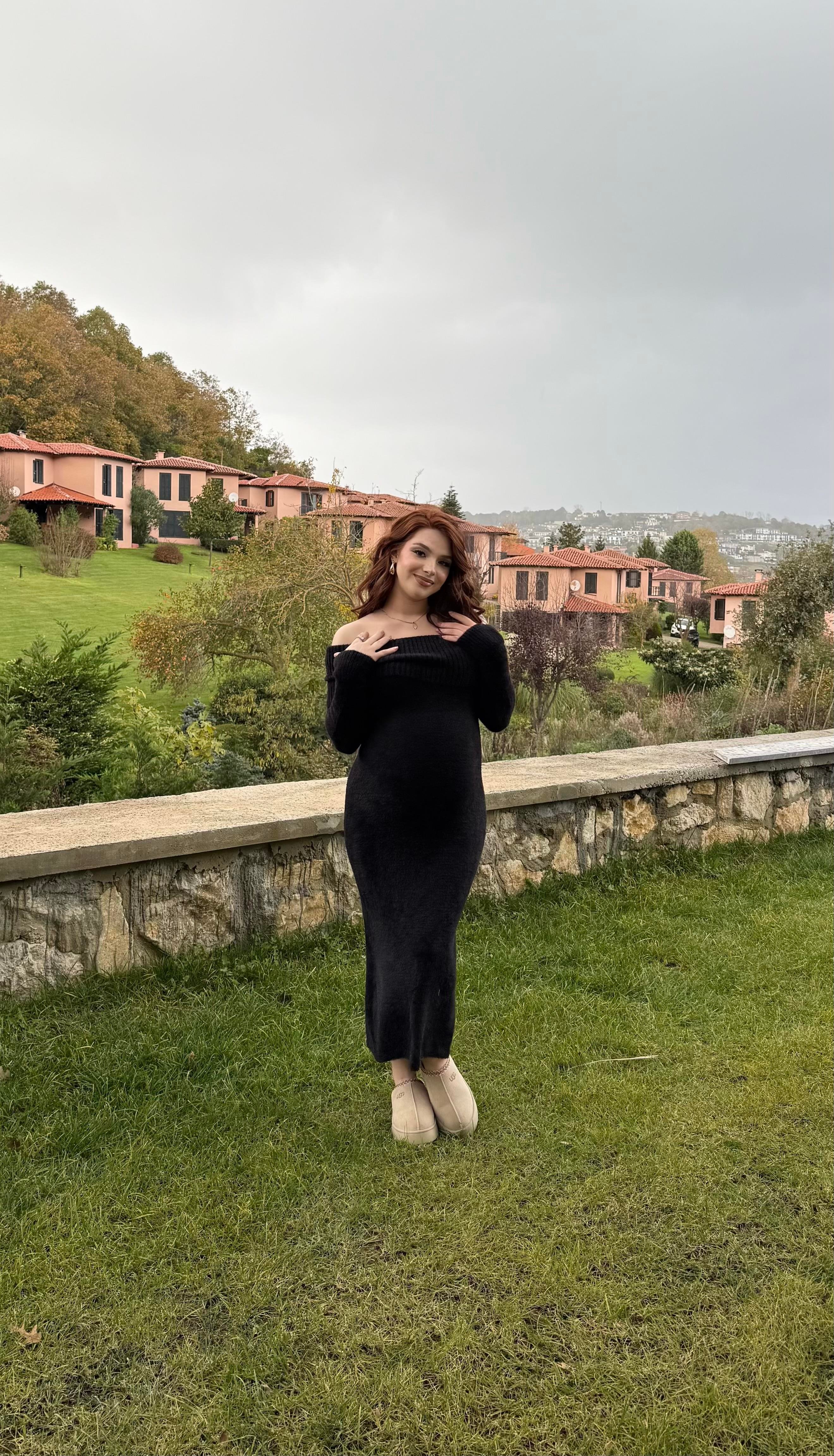 Madonna Yaka Peluş Elbise Siyah