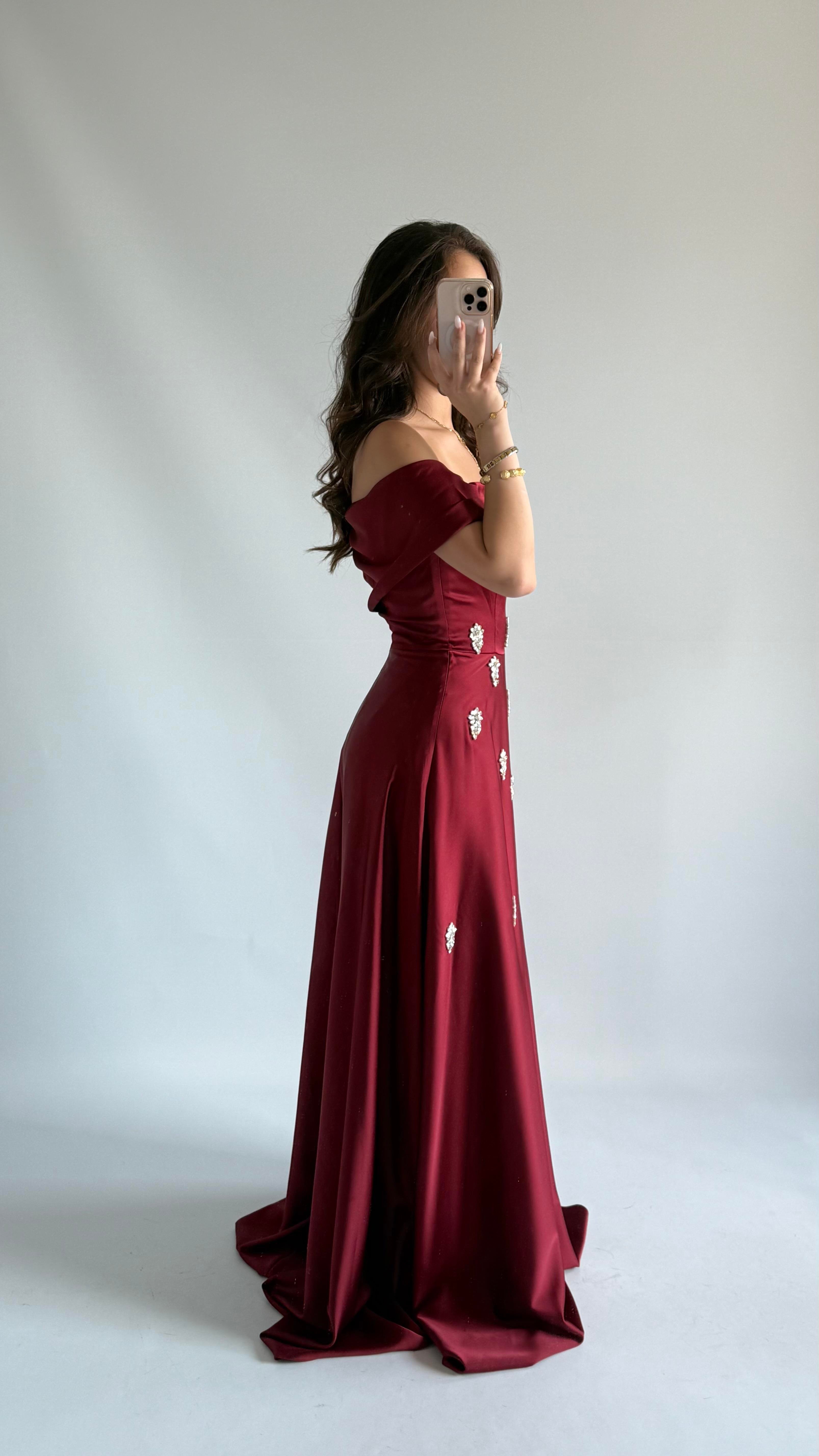 Mahfiruze Kayık Yaka Abiye Bordo 