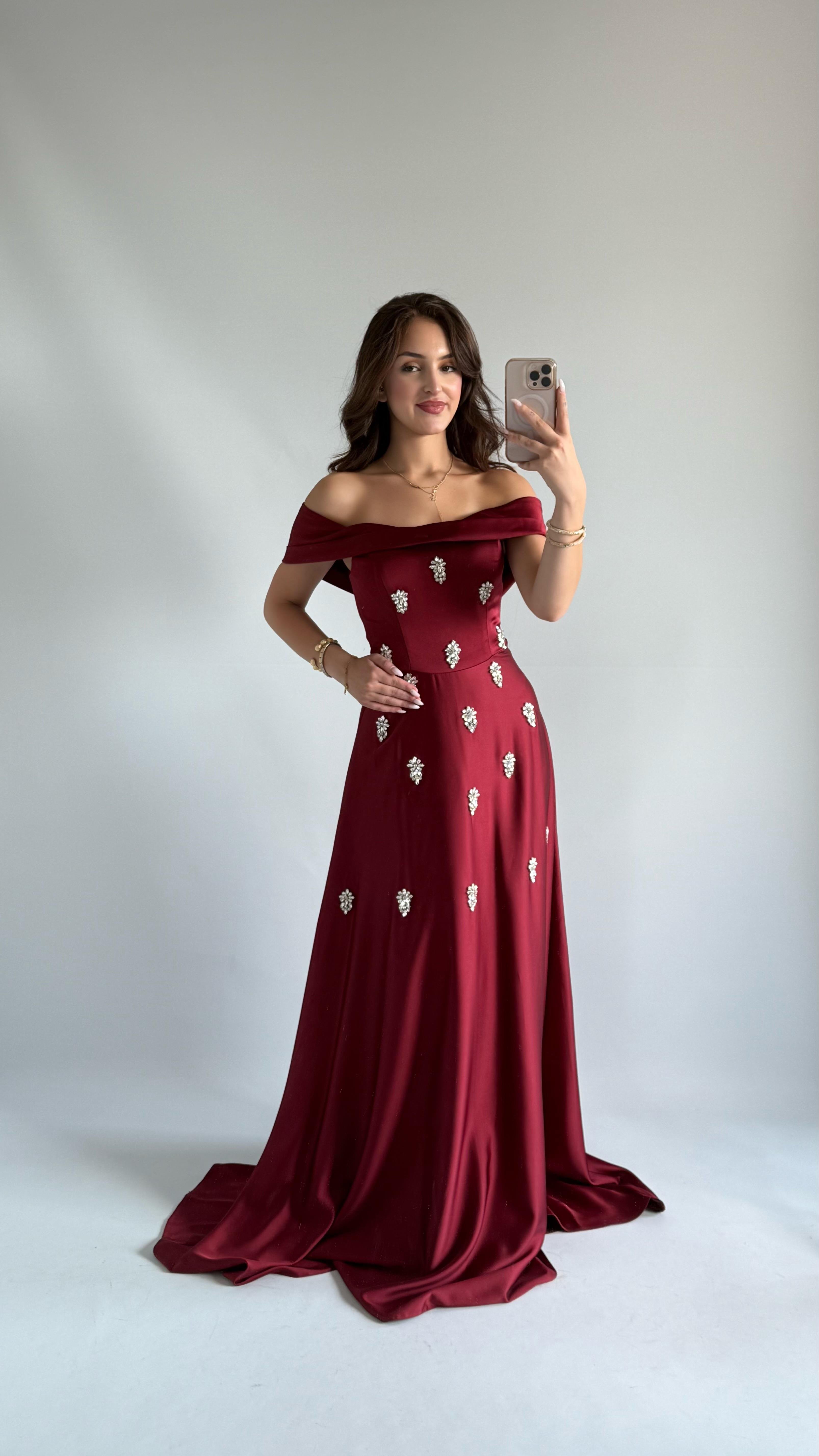 Mahfiruze Kayık Yaka Abiye Bordo 