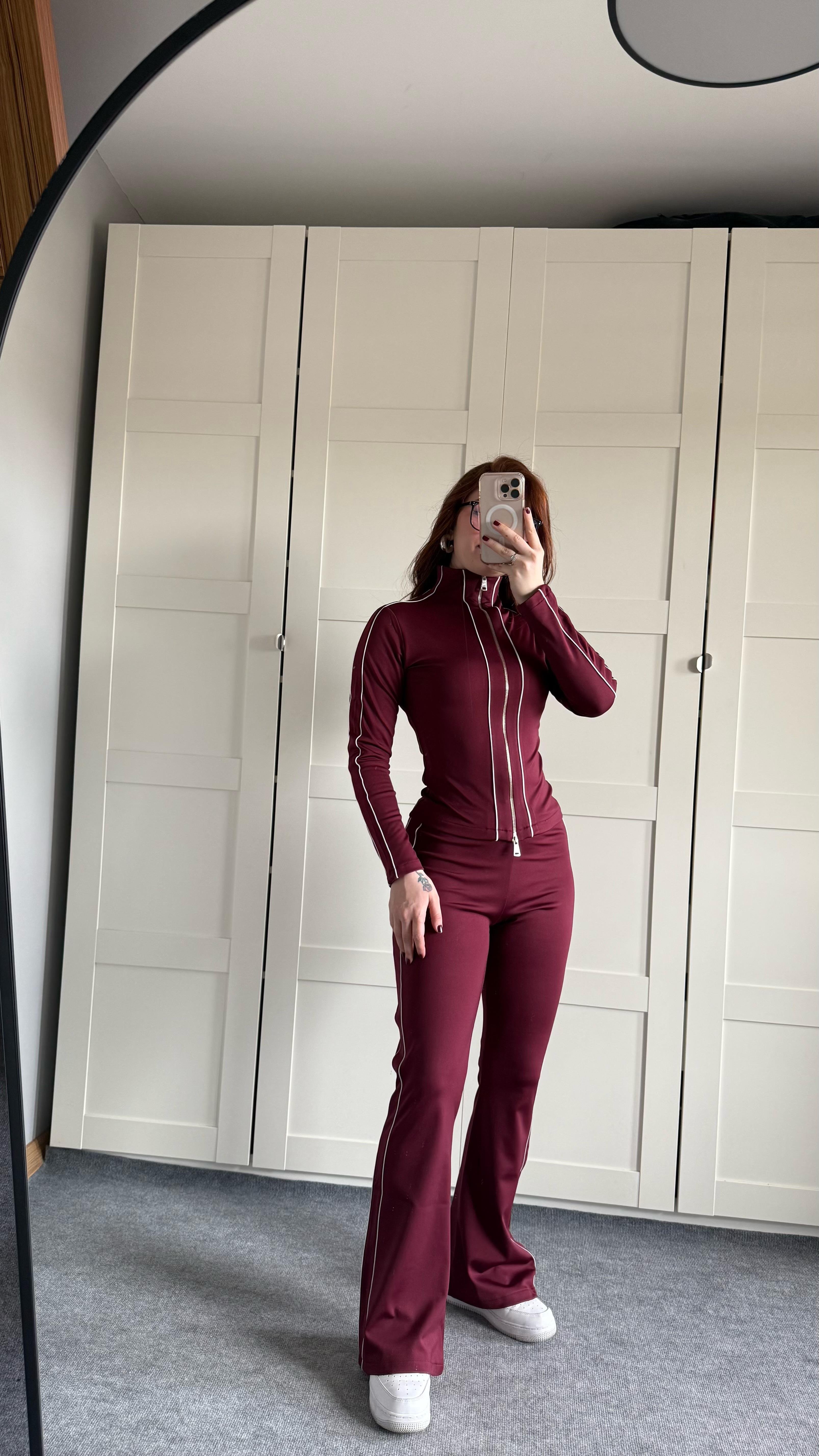 Marka Çift Fermuarlı Ceket Eşofman Takım Bordo