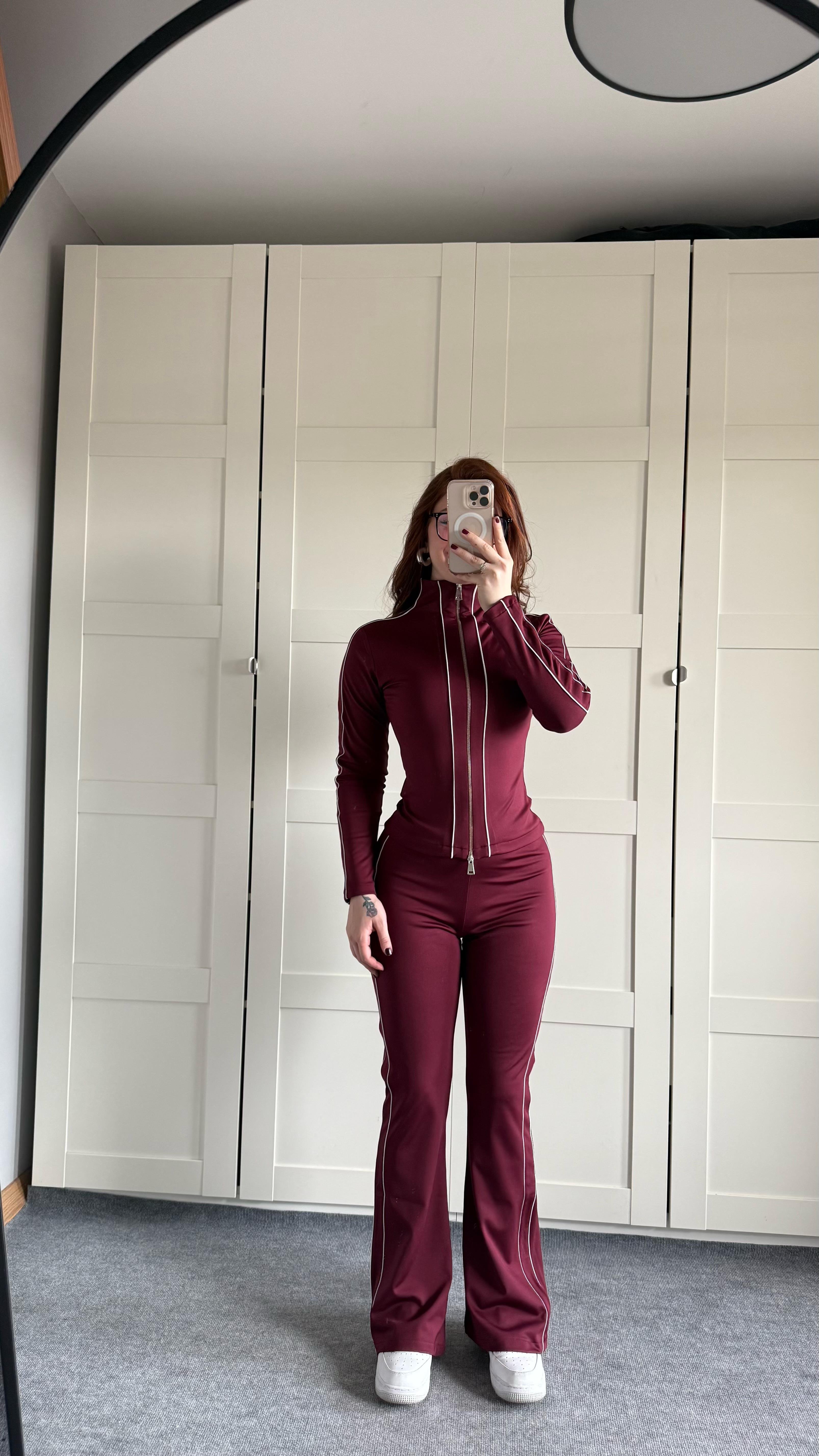 Marka Çift Fermuarlı Ceket Eşofman Takım Bordo