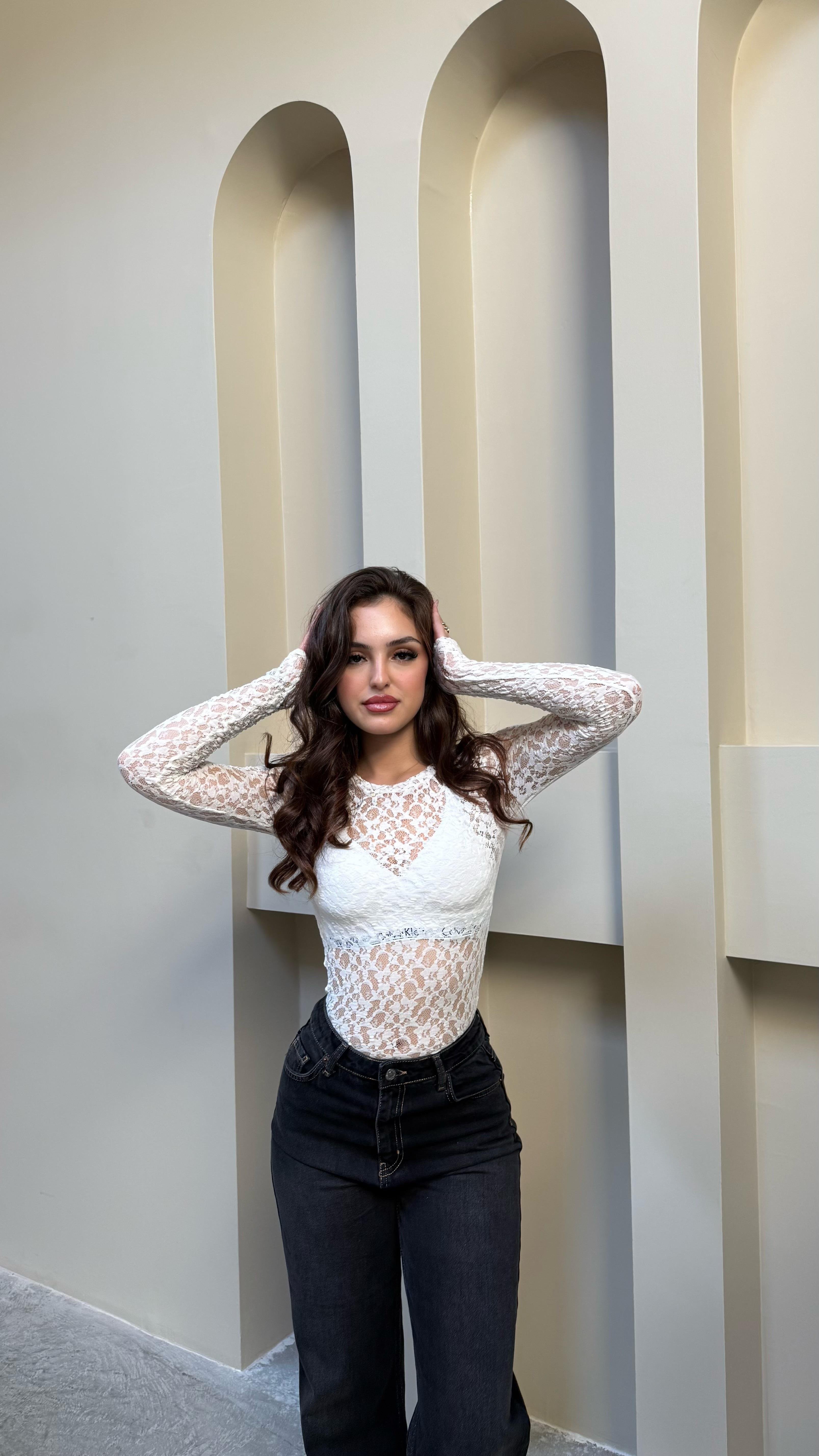 Marka Dantelli Transparan Bodysuit Beyaz