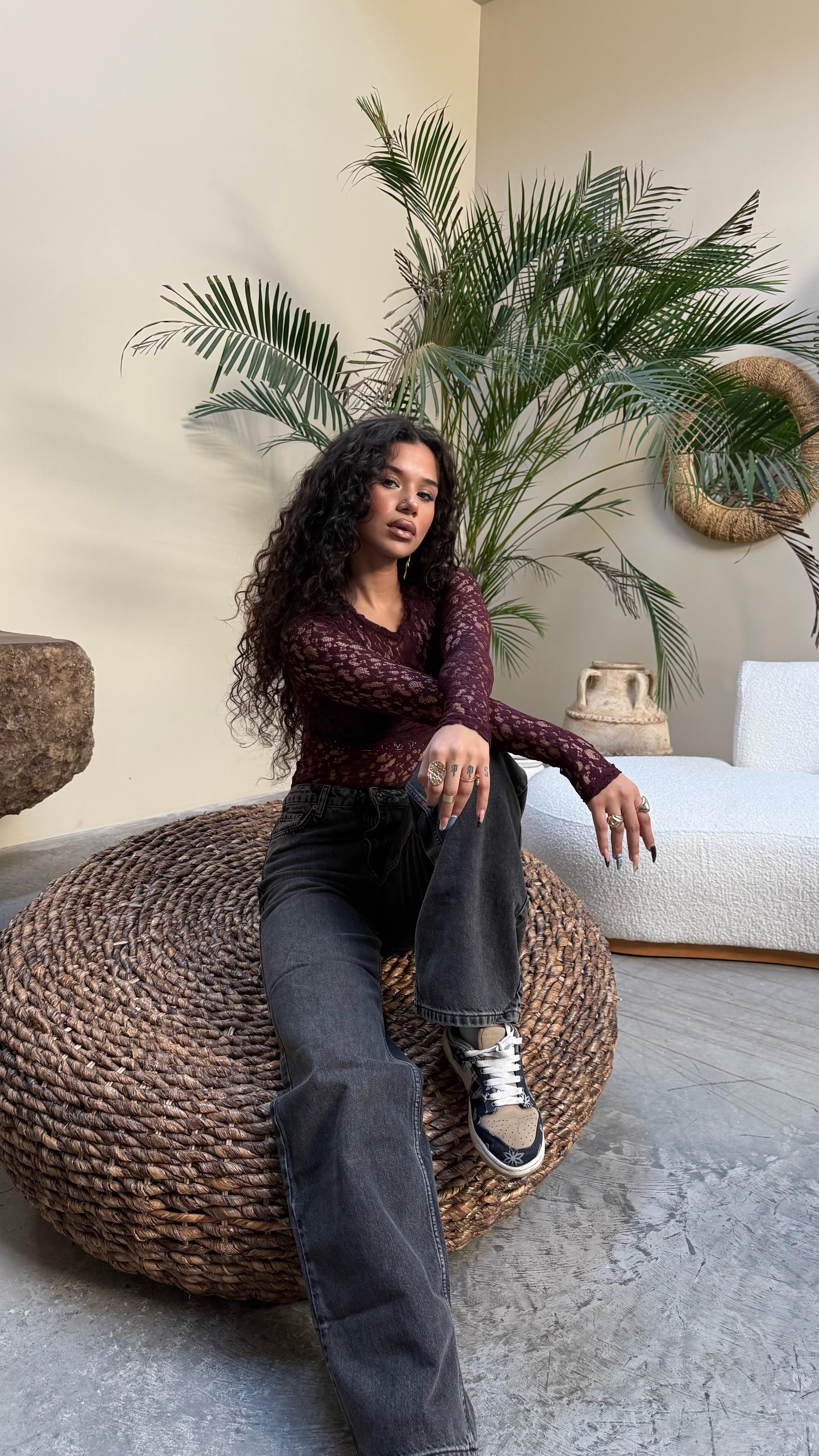 Marka Dantelli Transparan Bodysuit Bordo 