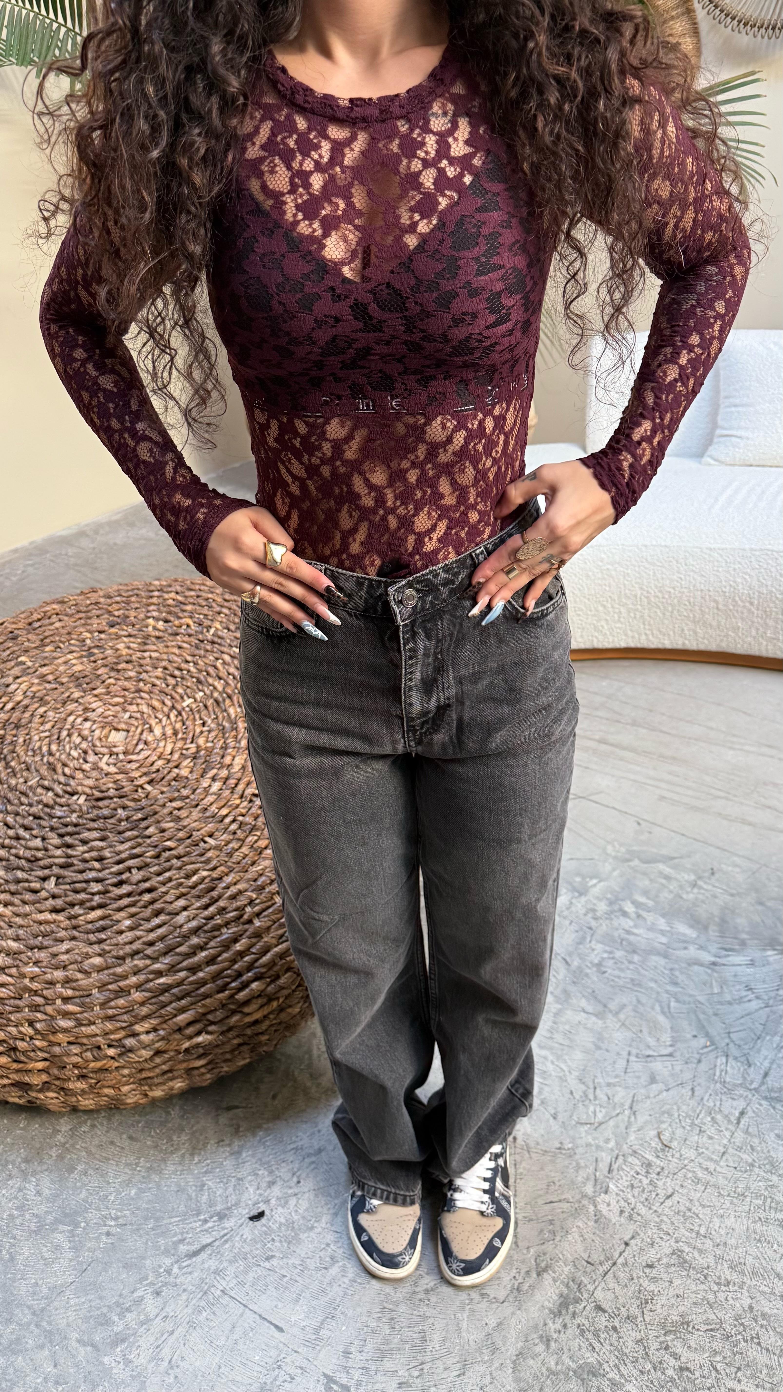 Marka Dantelli Transparan Bodysuit Bordo 