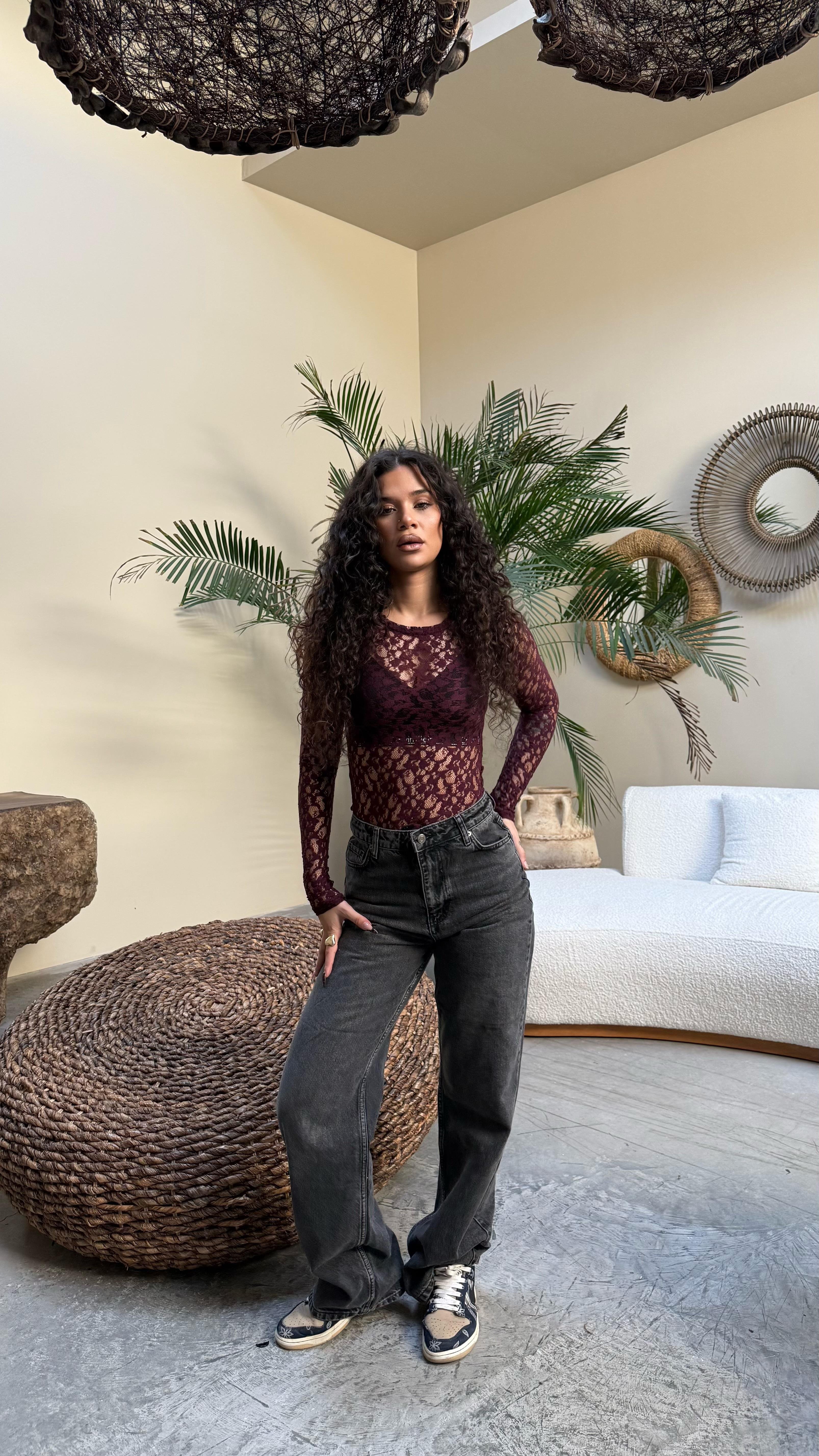 Marka Dantelli Transparan Bodysuit Bordo 