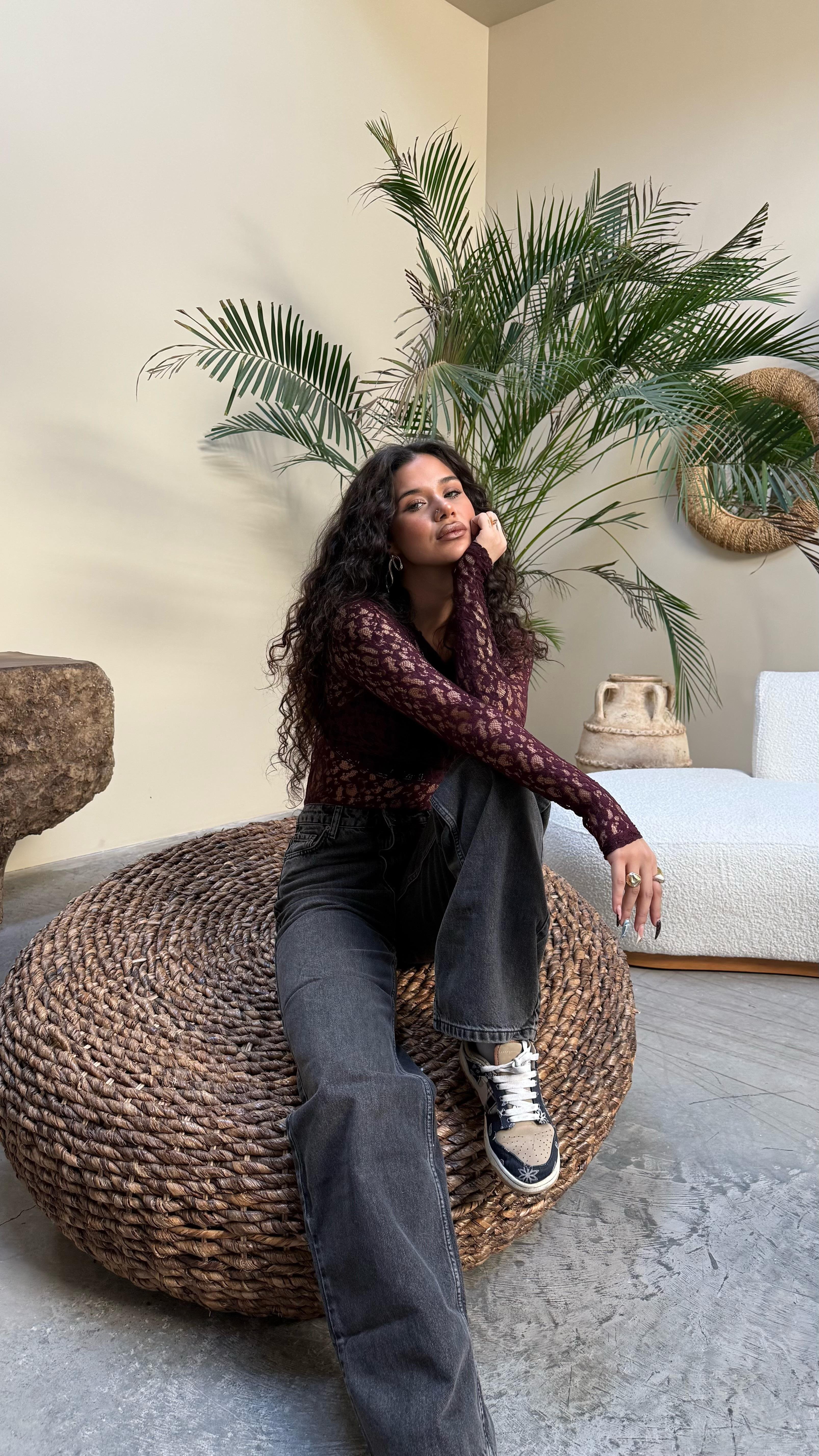 Marka Dantelli Transparan Bodysuit Bordo 