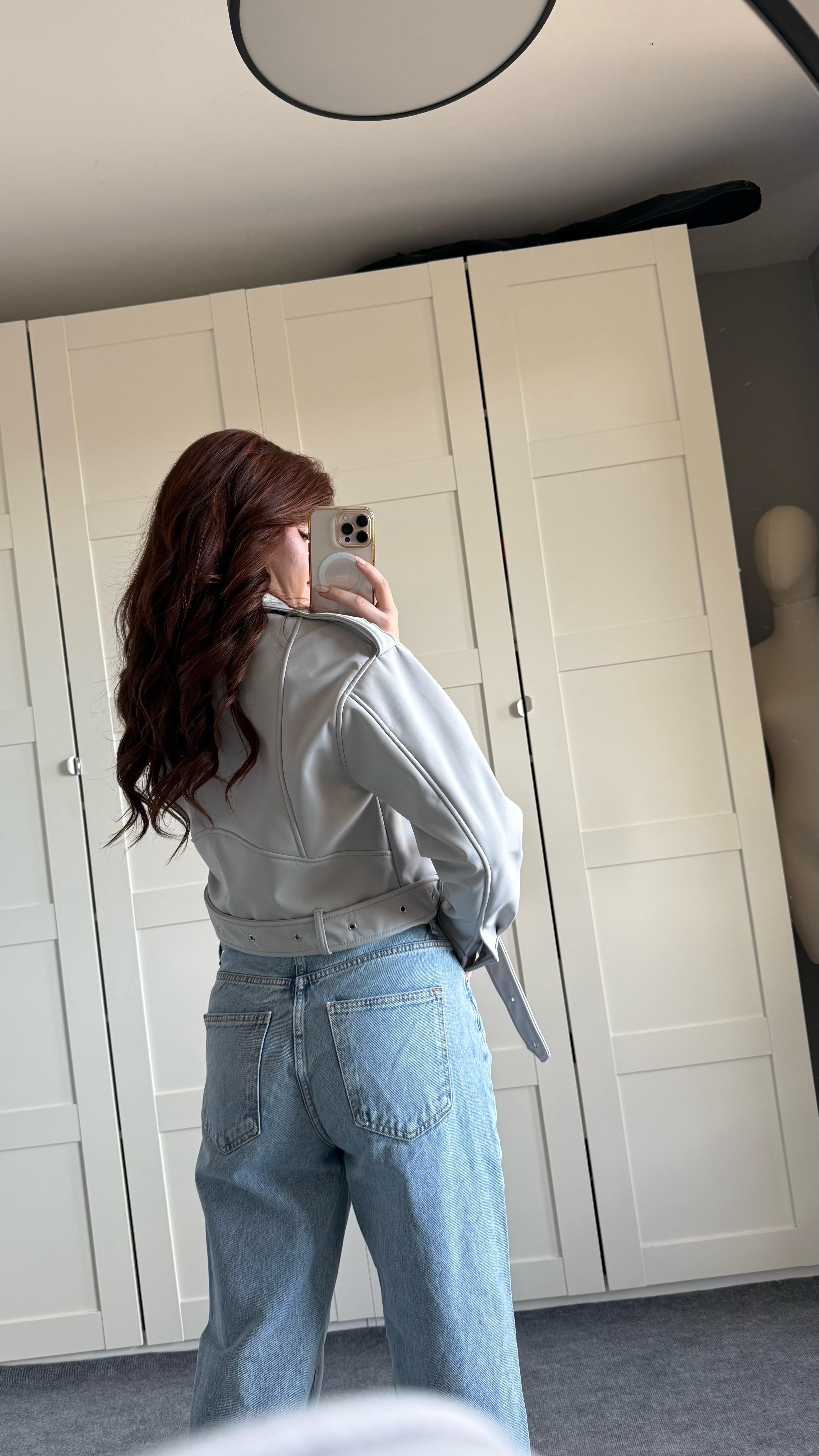 Marka Deri Crop Biker Gri Ceket