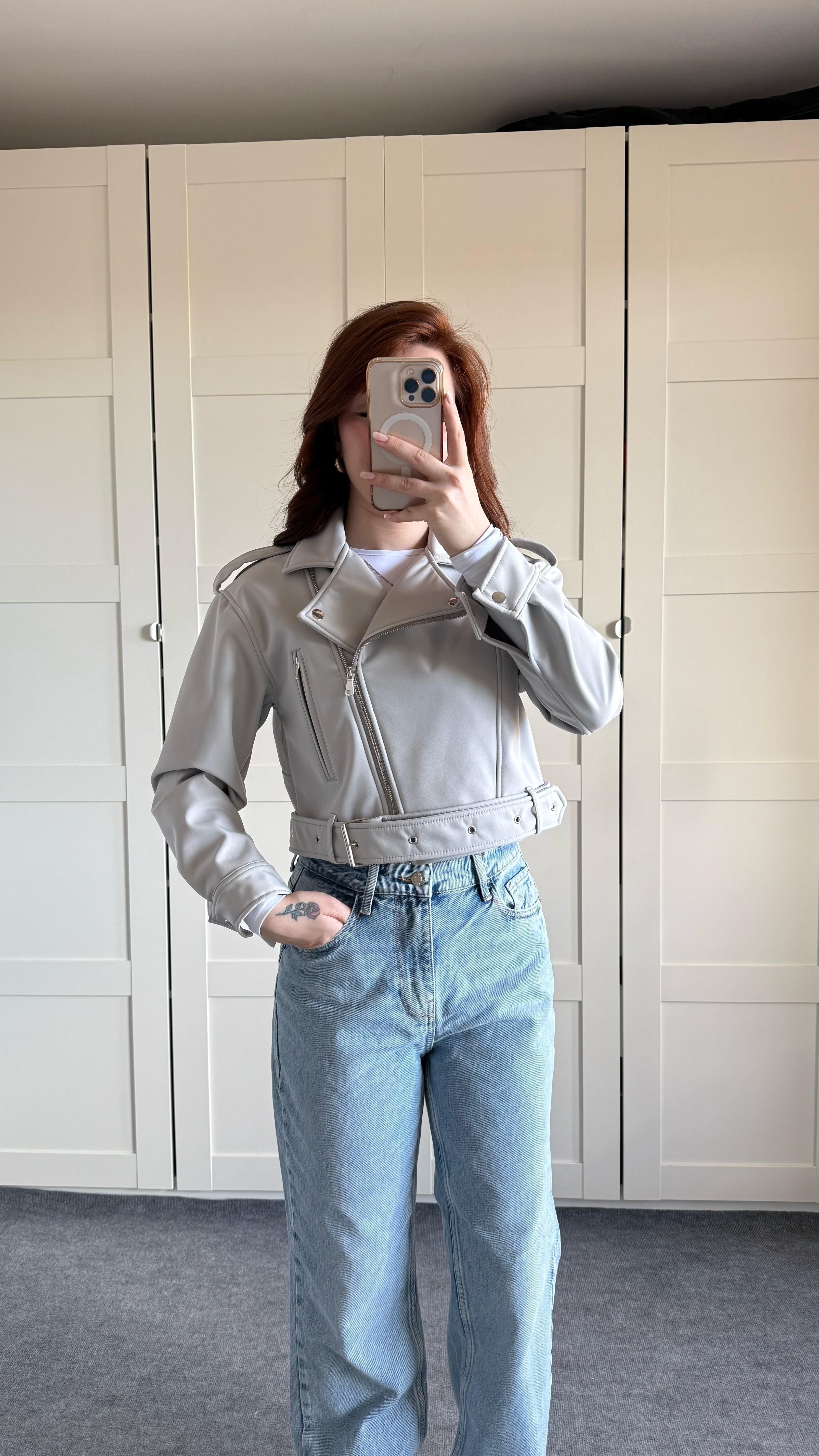 Marka Deri Crop Biker Gri Ceket