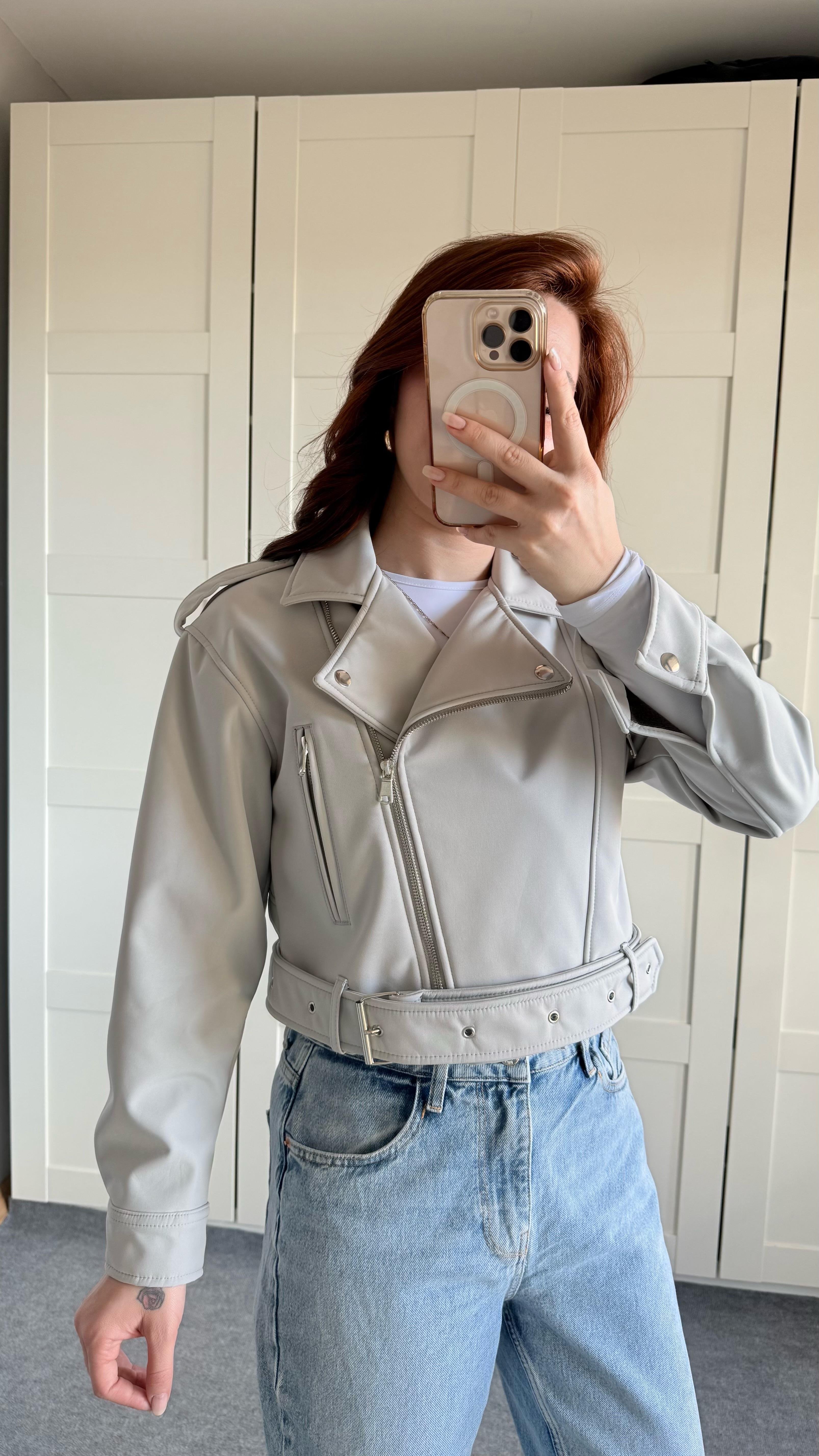 Marka Deri Crop Biker Gri Ceket
