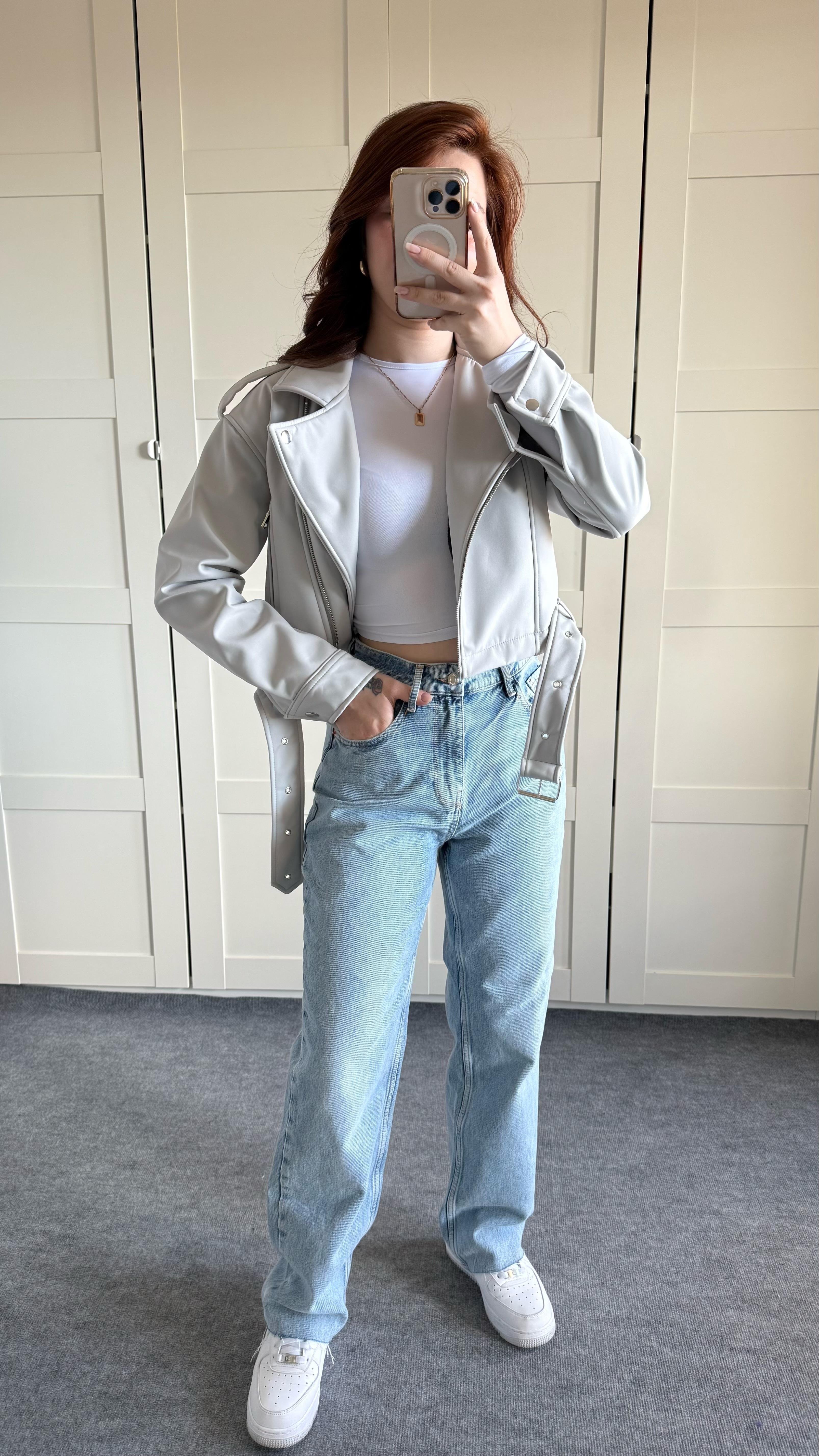 Marka Deri Crop Biker Gri Ceket