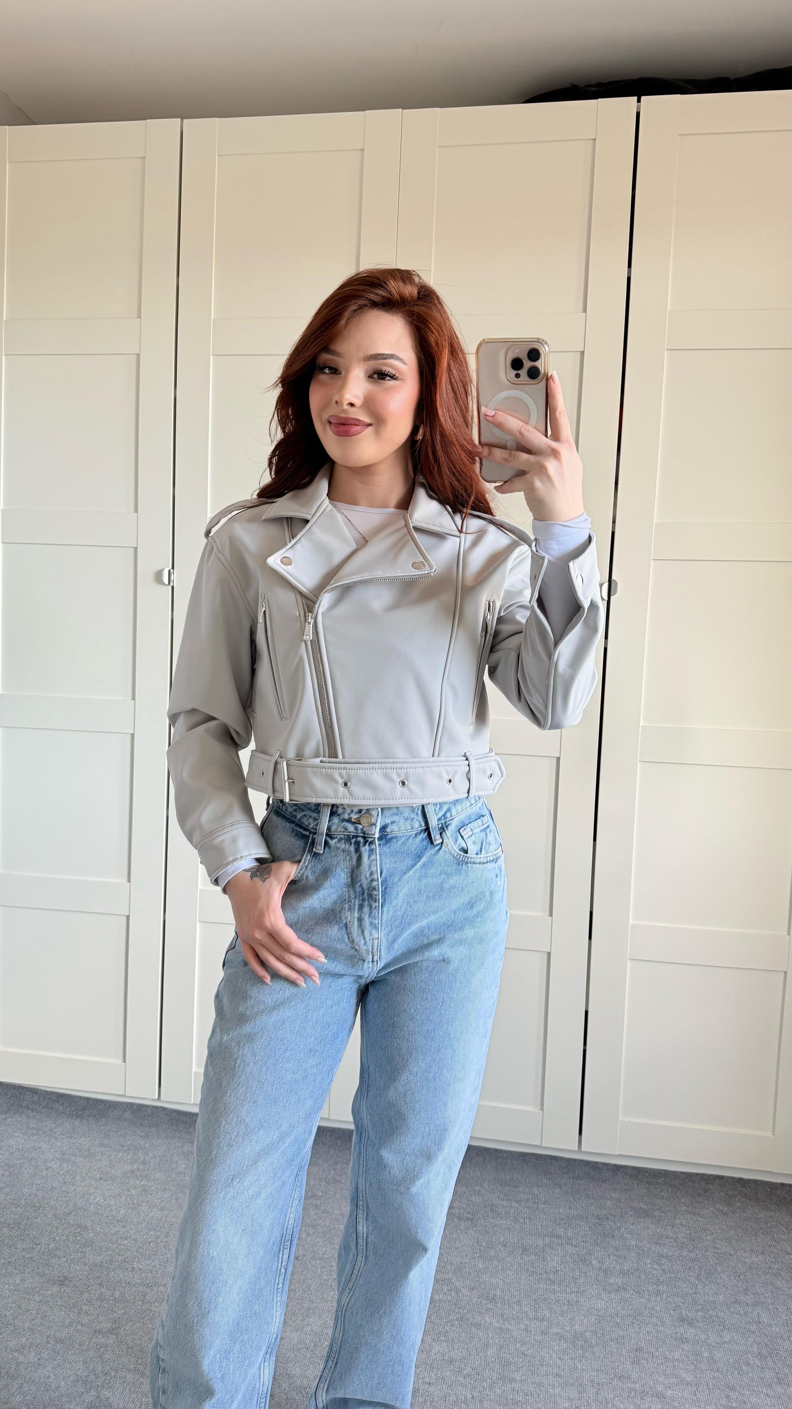 Marka Deri Crop Biker Gri Ceket