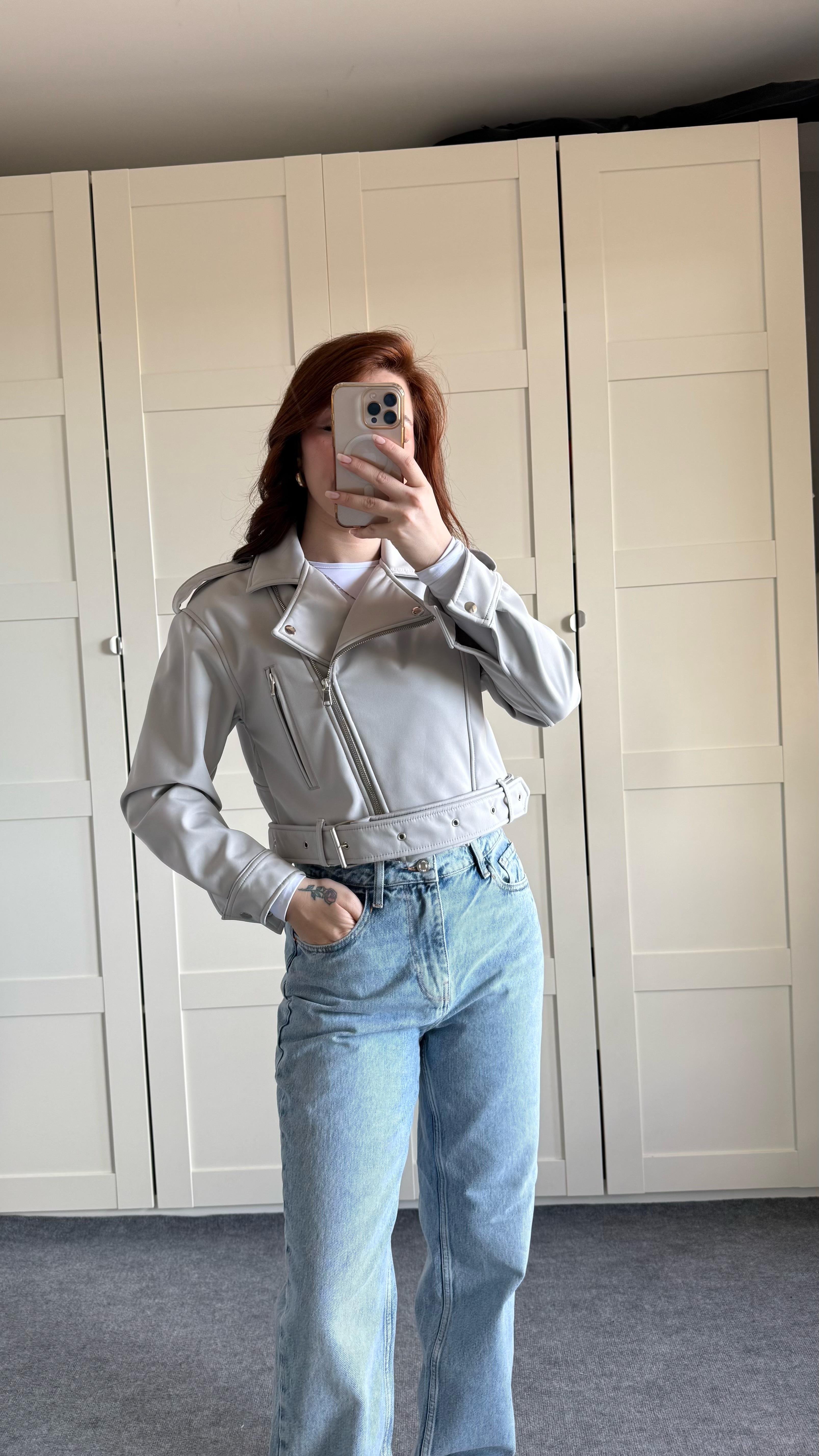 Marka Deri Crop Biker Gri Ceket