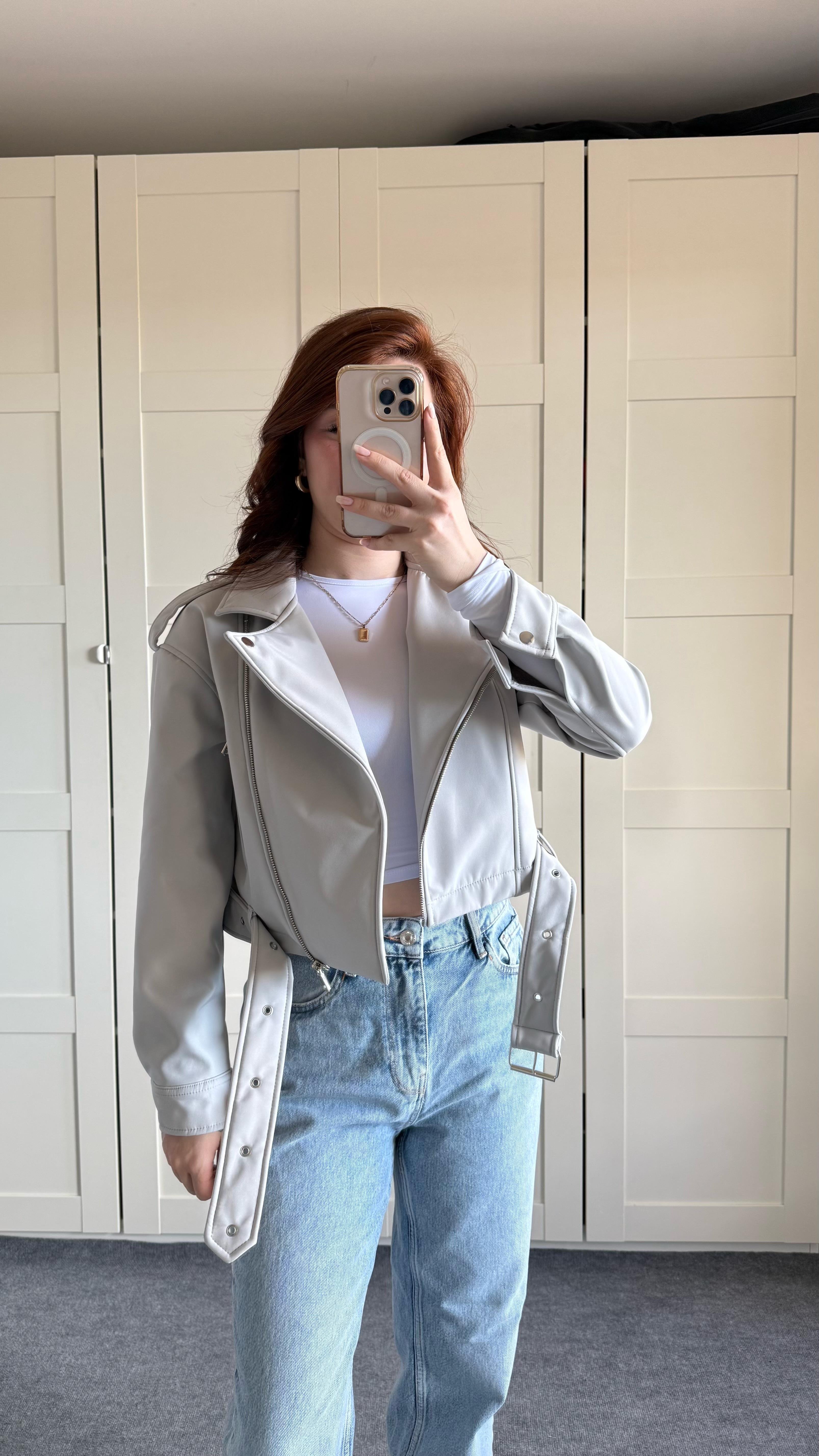 Marka Deri Crop Biker Gri Ceket