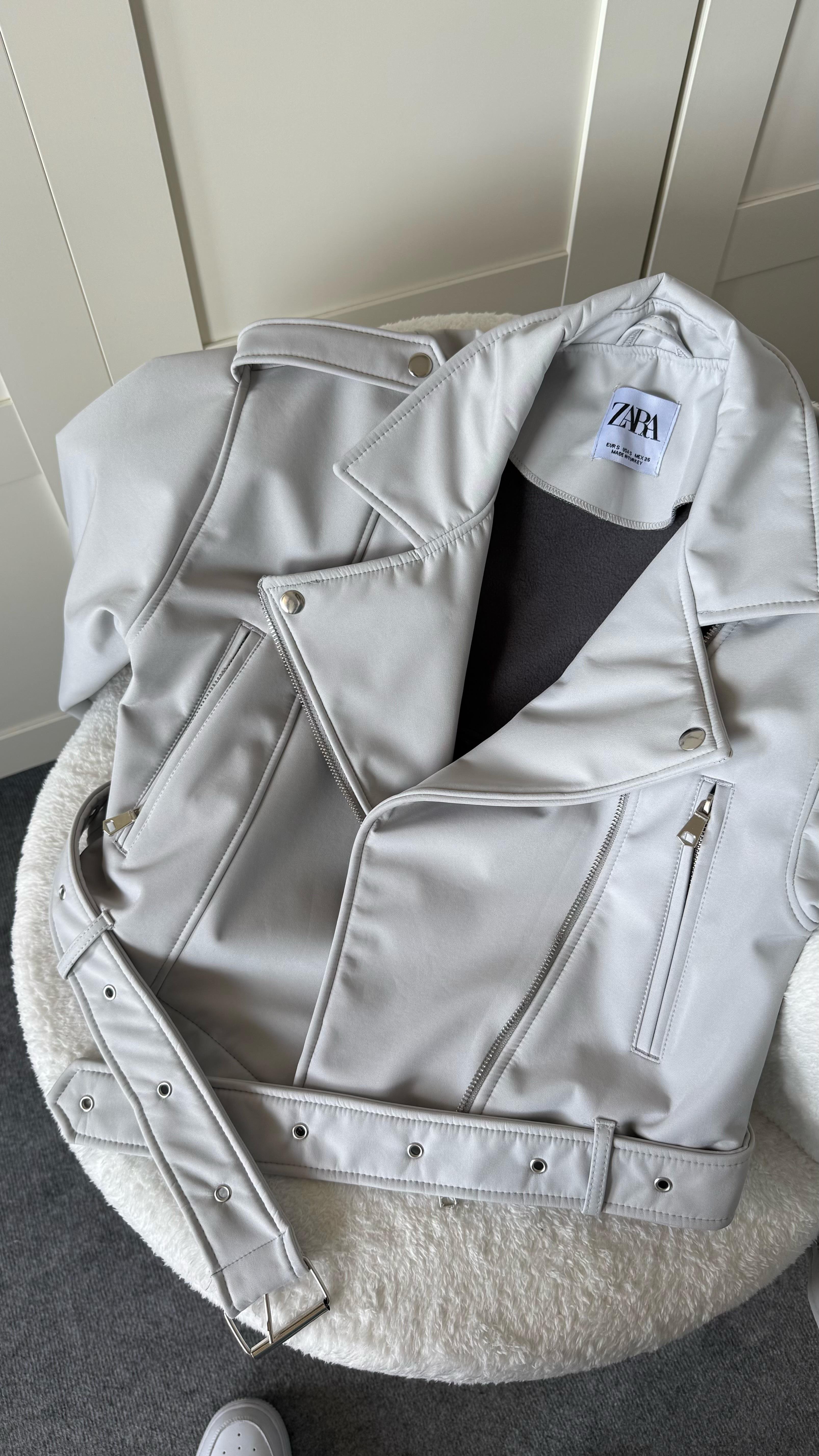 Marka Deri Crop Biker Gri Ceket