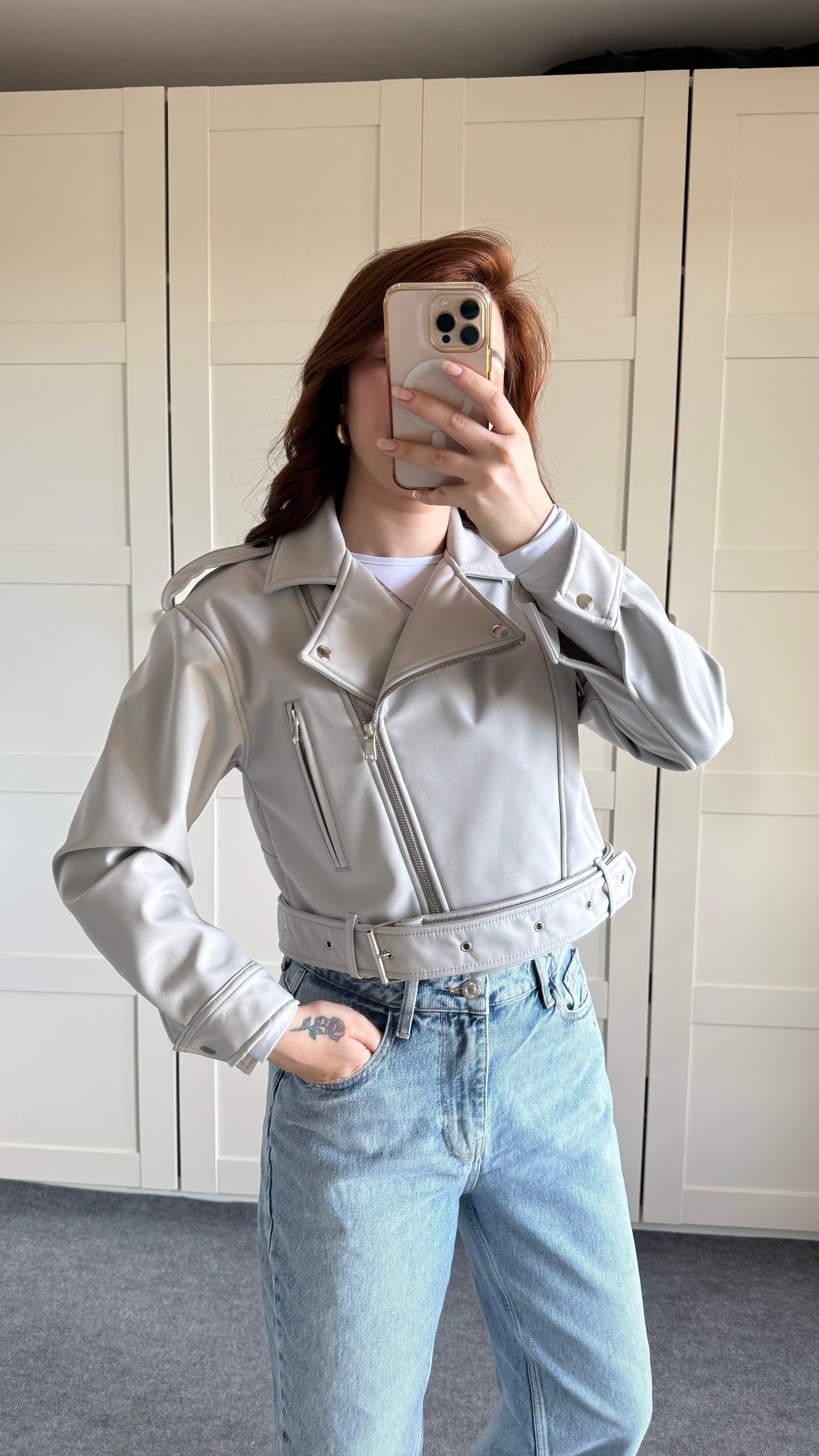 Marka Deri Crop Biker Gri Ceket