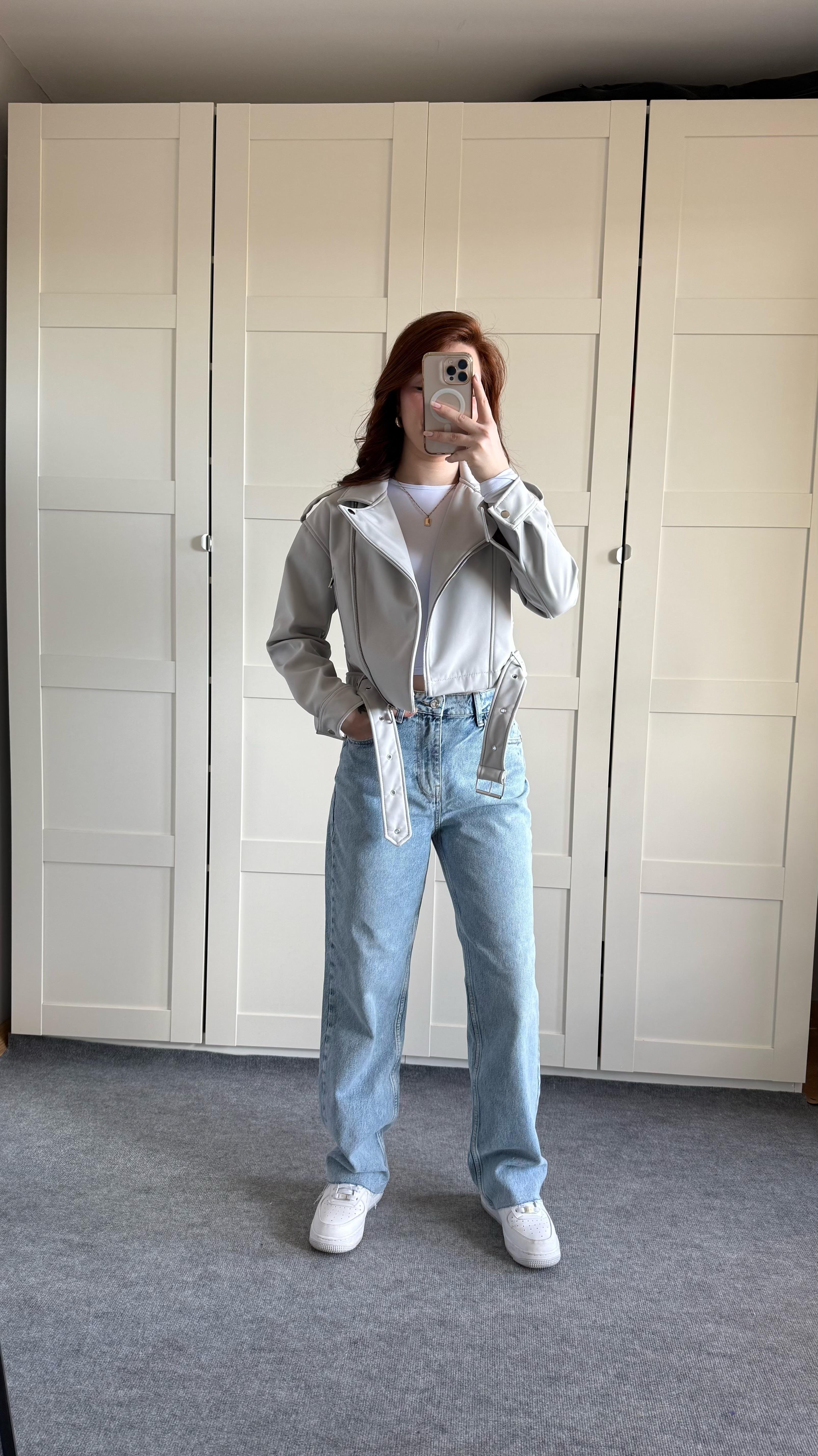 Marka Deri Crop Biker Gri Ceket