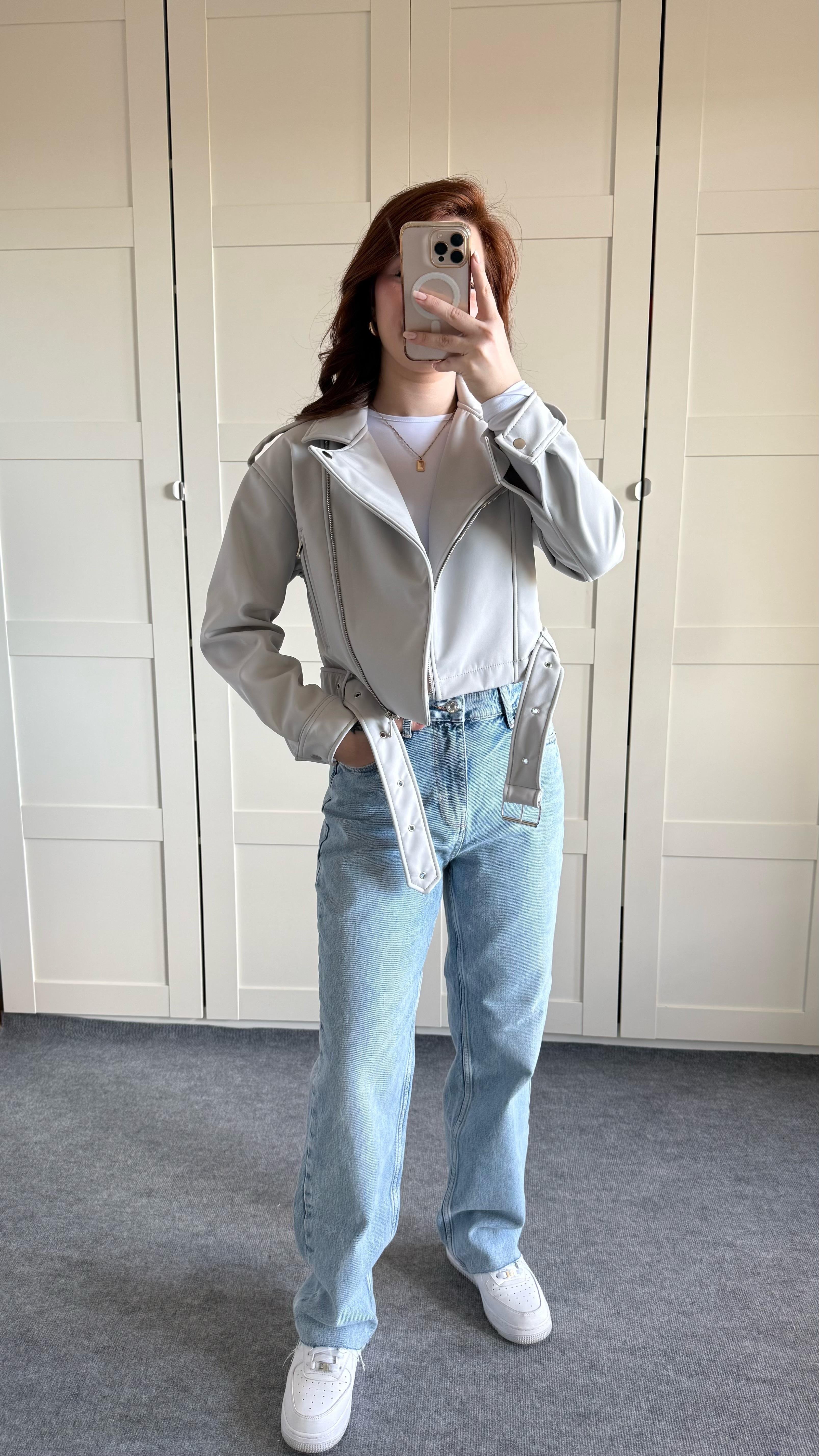 Marka Deri Crop Biker Gri Ceket