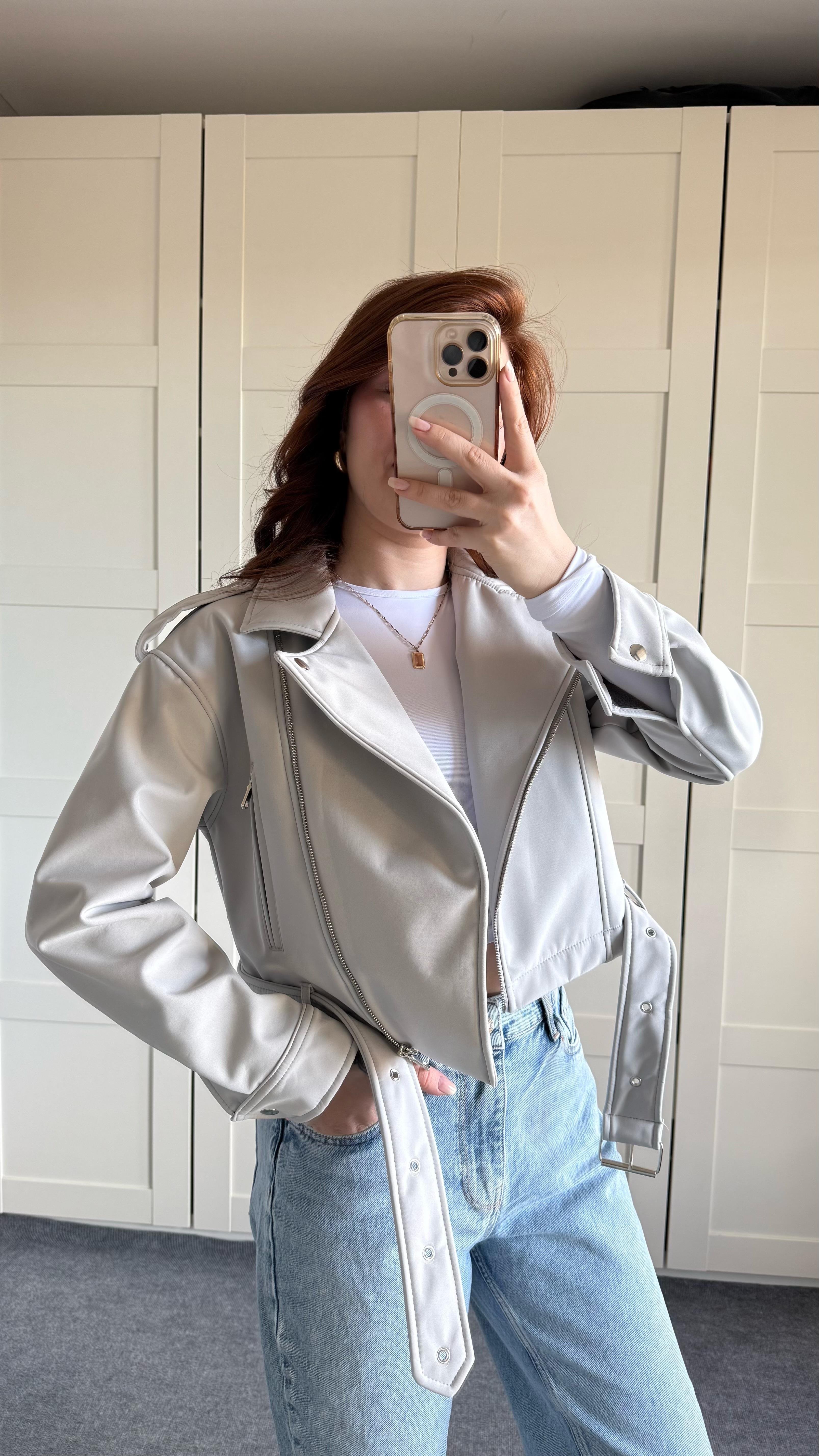 Marka Deri Crop Biker Gri Ceket