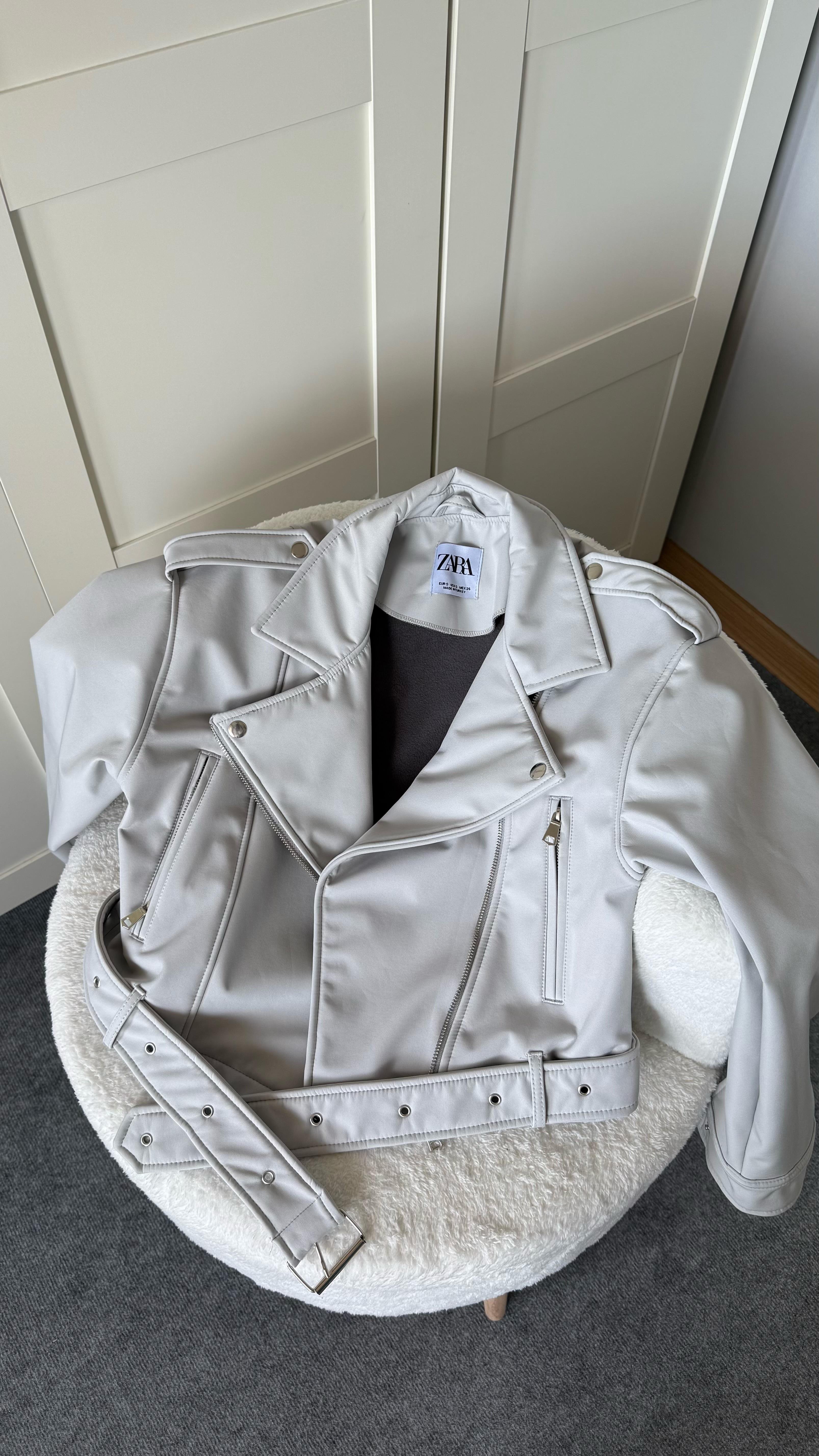 Marka Deri Crop Biker Gri Ceket