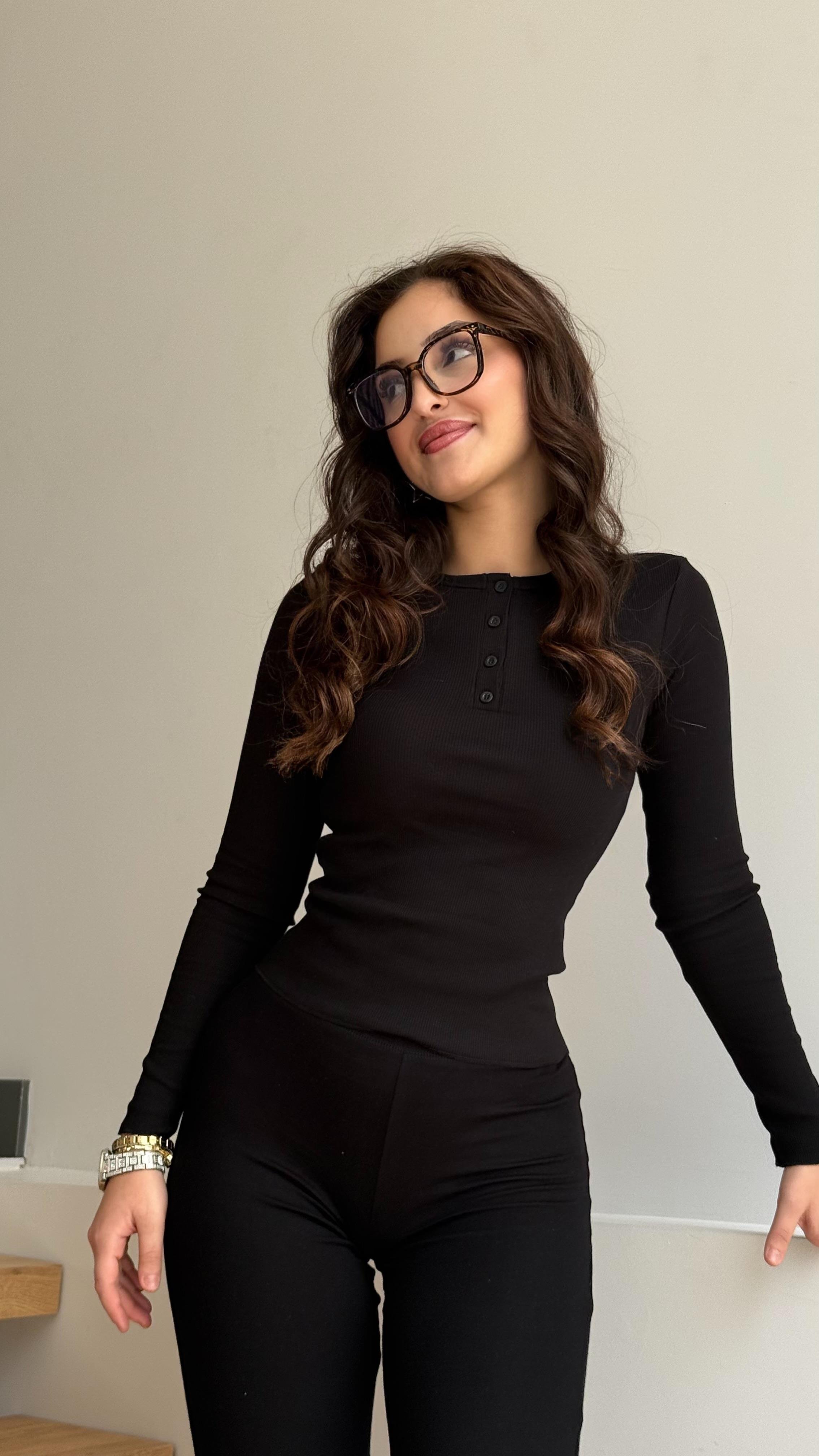 Marka Düğmeli Fitilli Bluz Siyah