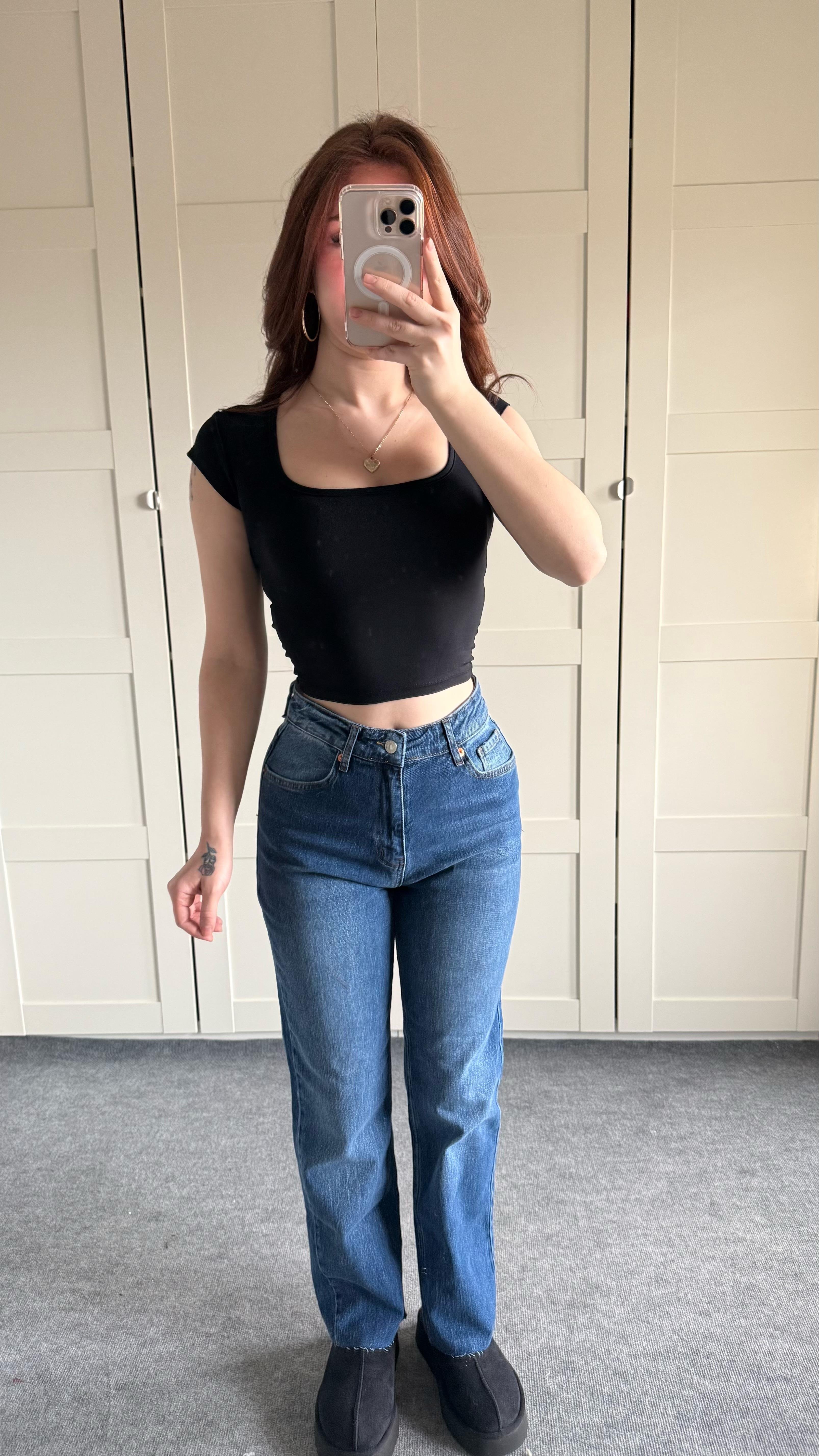 Marka Kesik Paça Mom Fit Mavi
