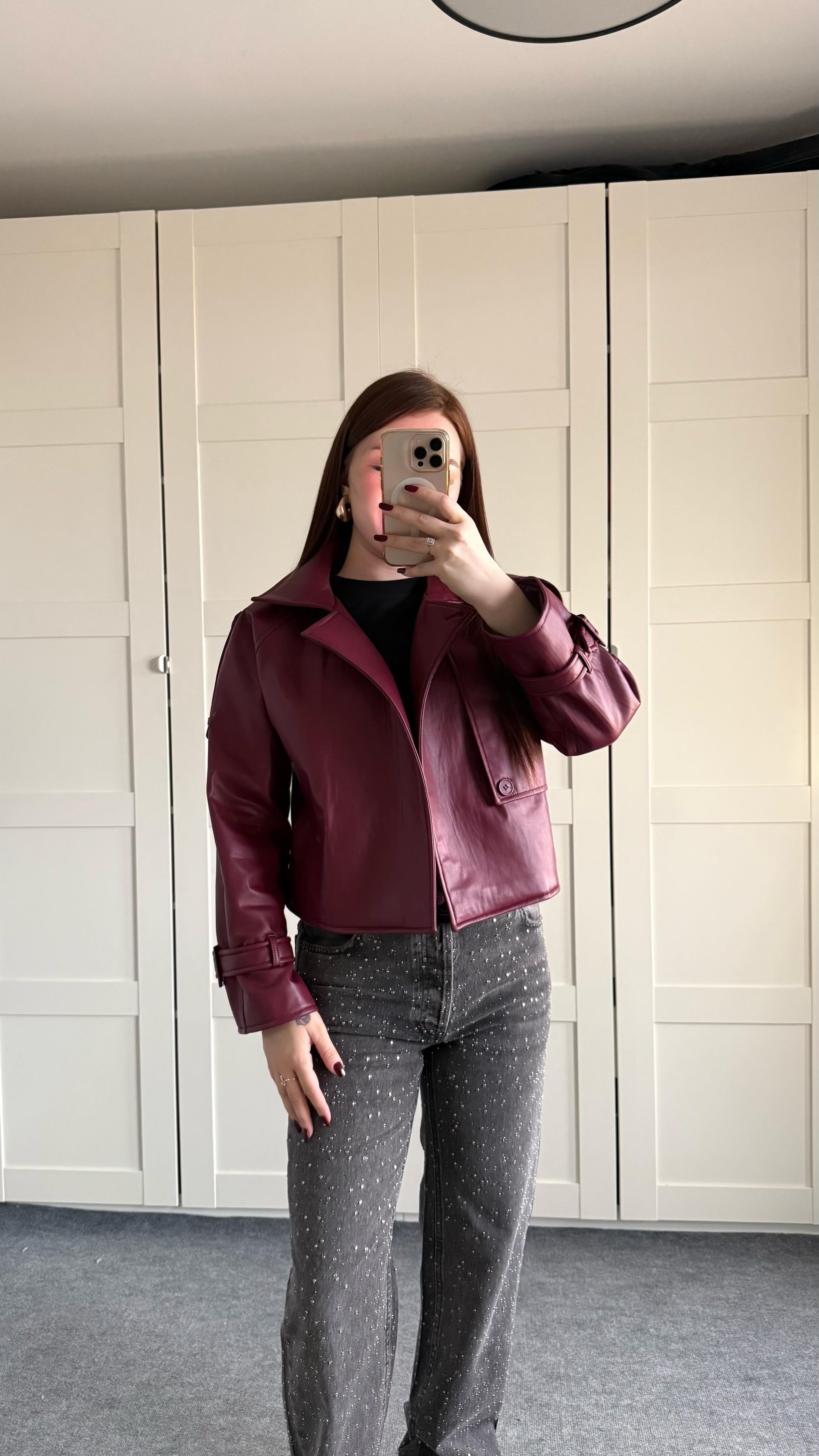 Massi Crop Biker Ceket Bordo