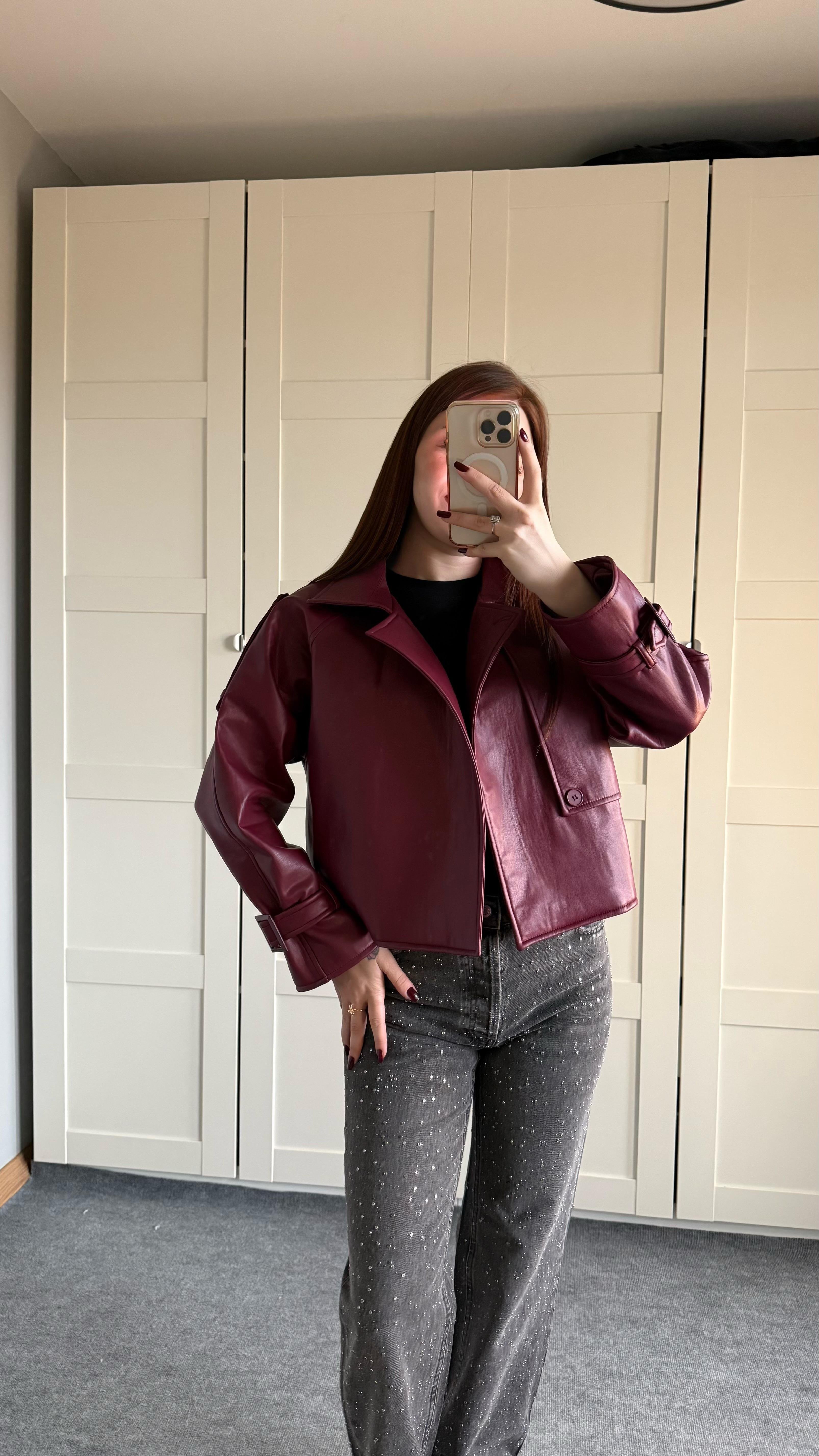 Massi Crop Biker Ceket Bordo