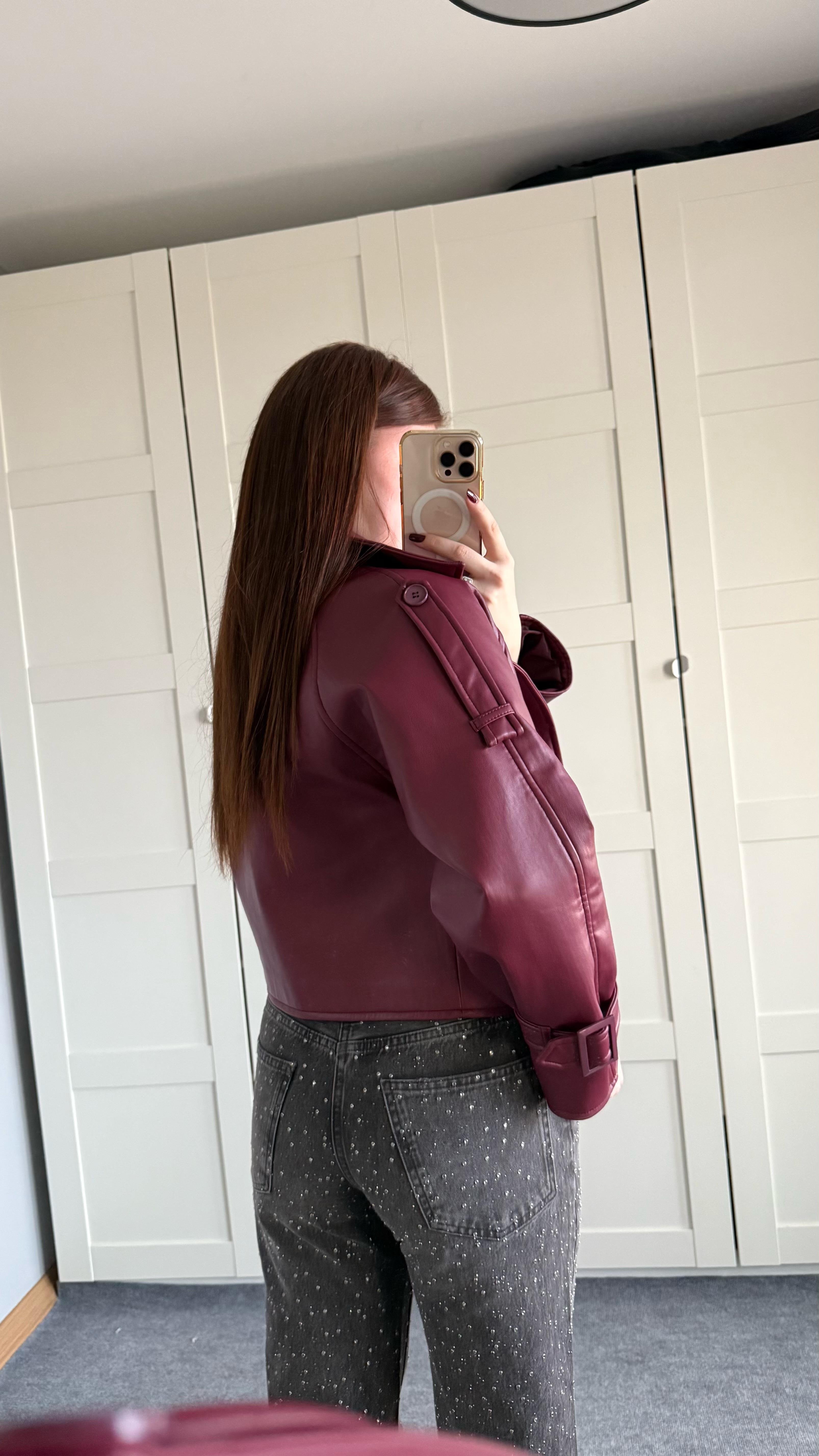 Massi Crop Biker Ceket Bordo