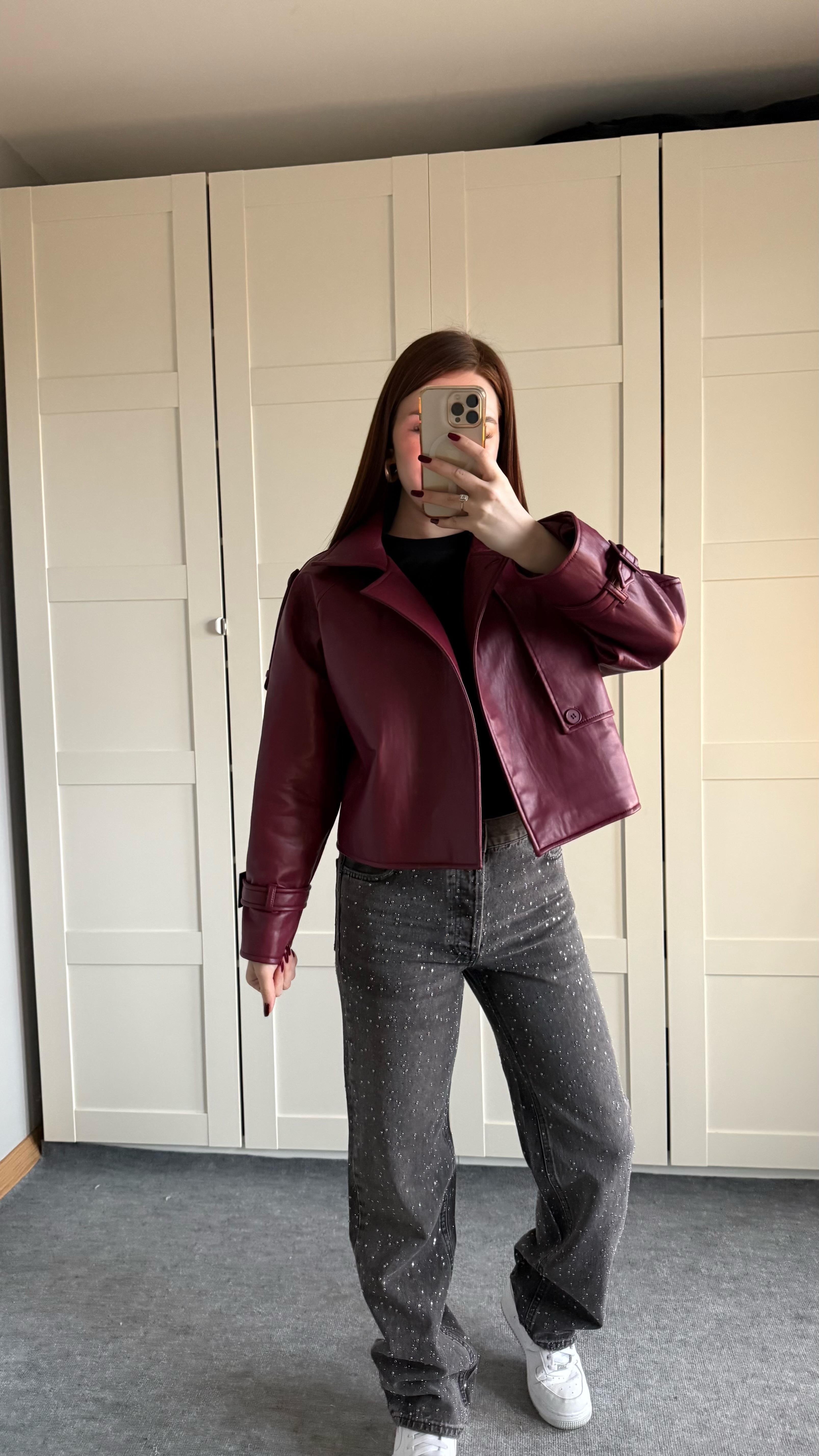 Massi Crop Biker Ceket Bordo