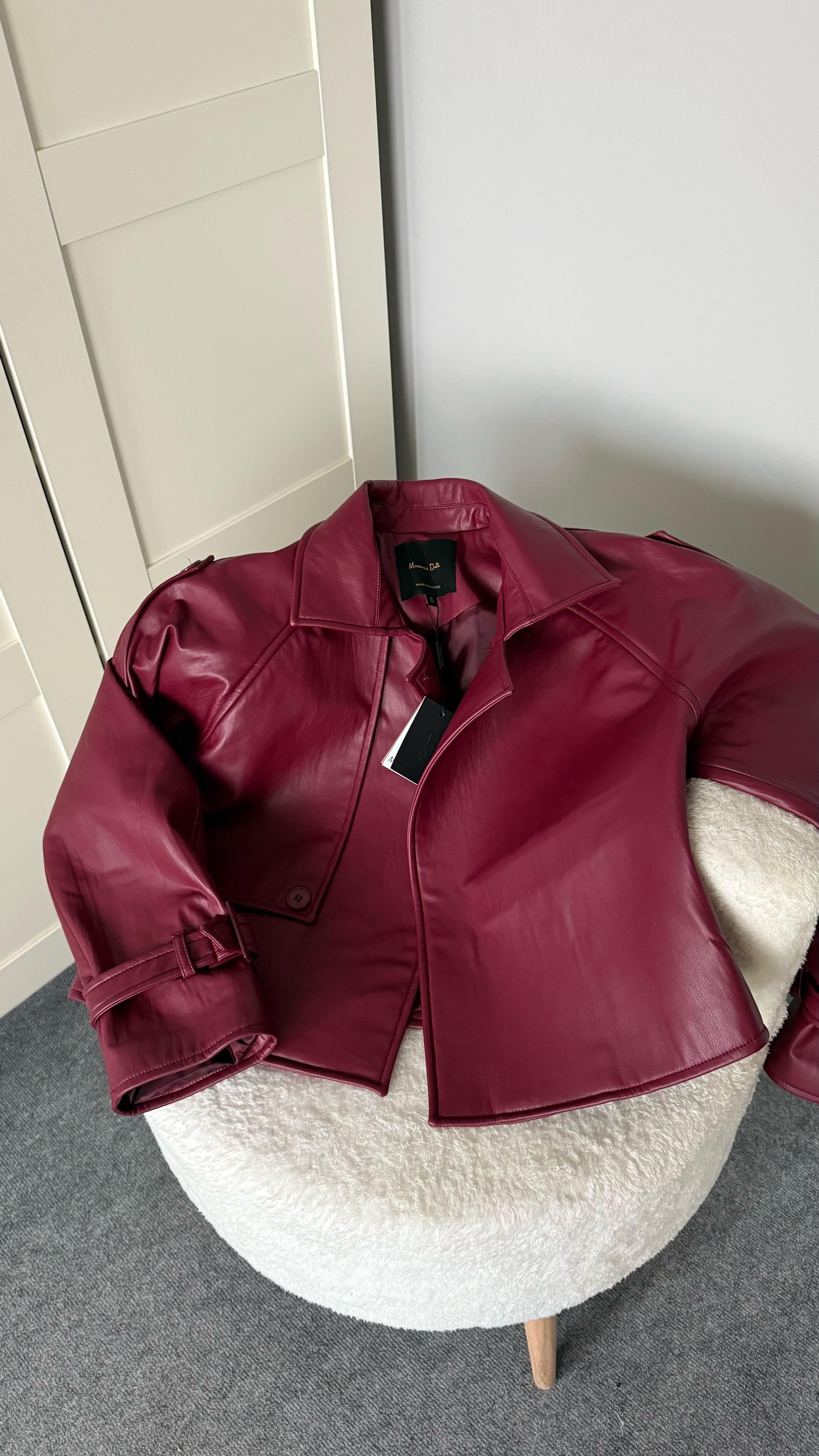 Massi Crop Biker Ceket Bordo