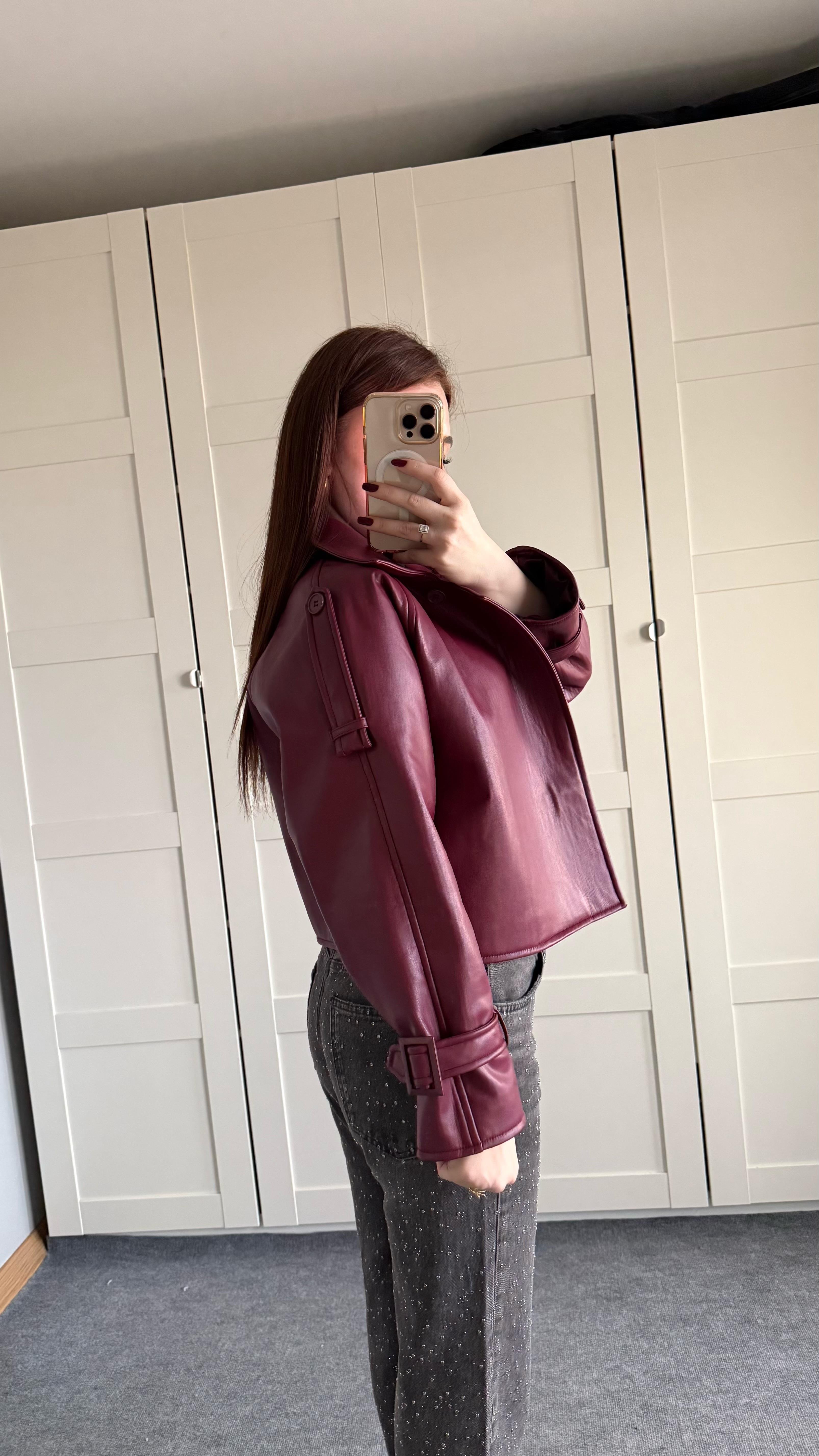 Massi Crop Biker Ceket Bordo