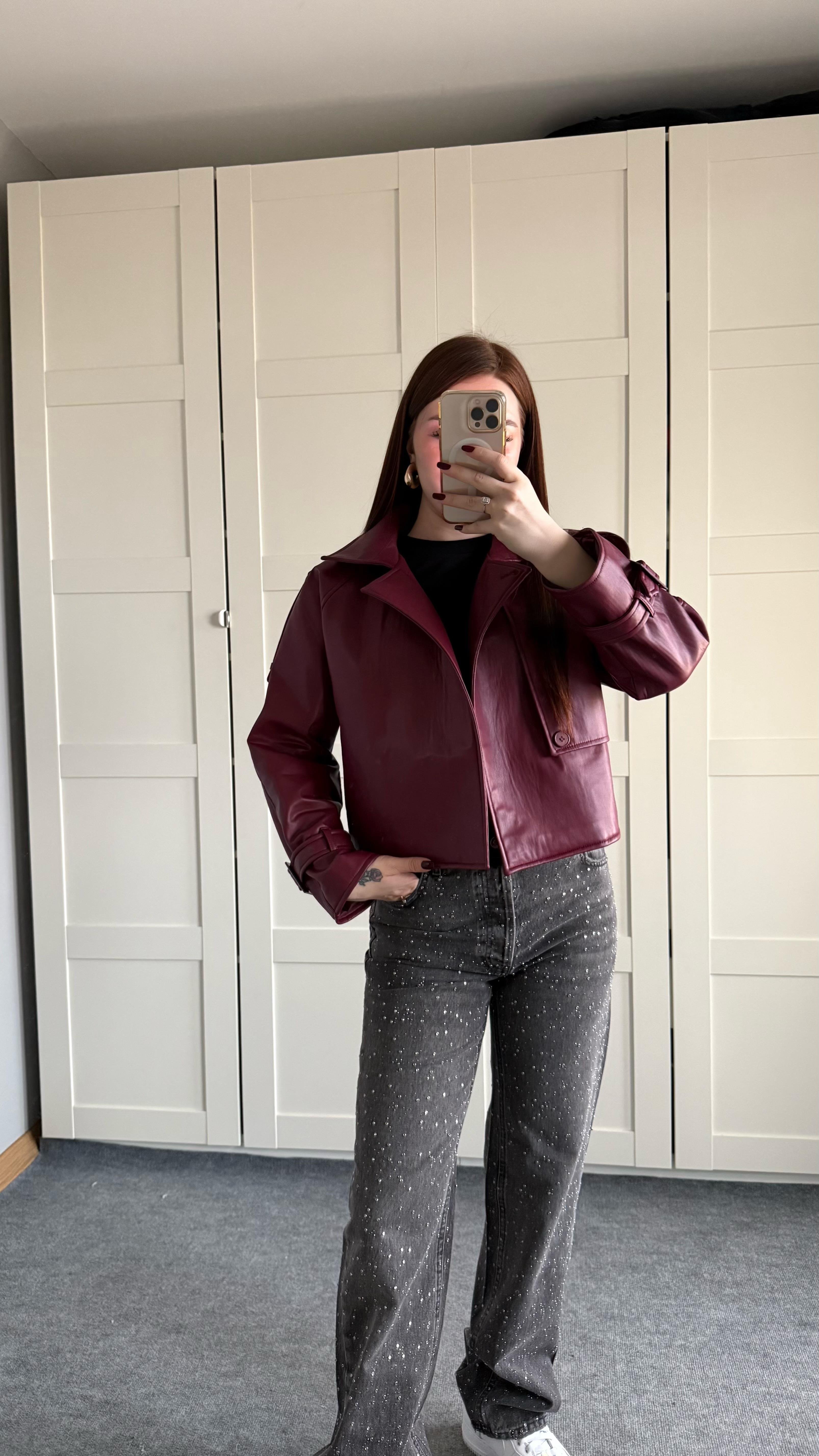 Massi Crop Biker Ceket Bordo