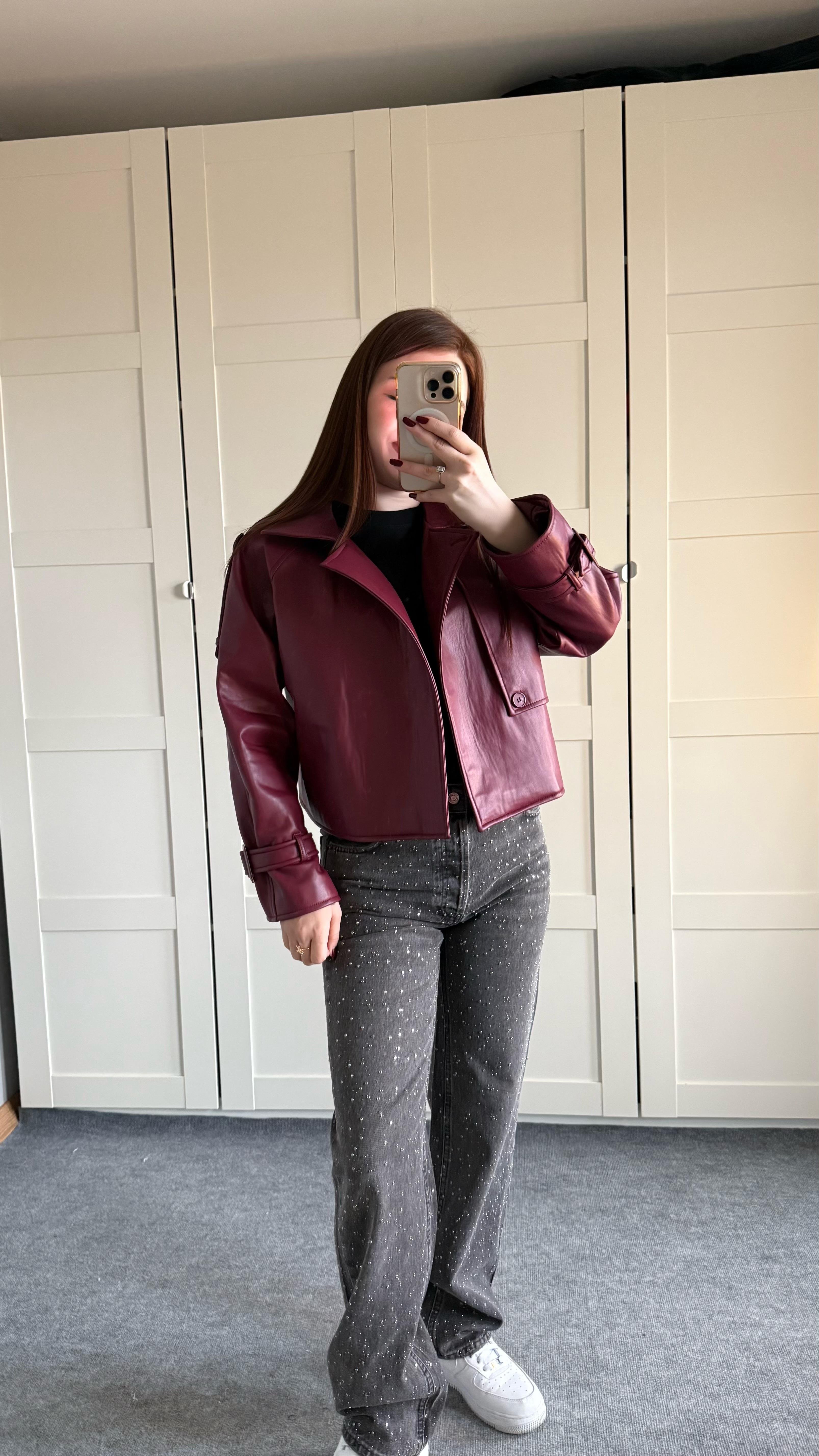 Massi Crop Biker Ceket Bordo