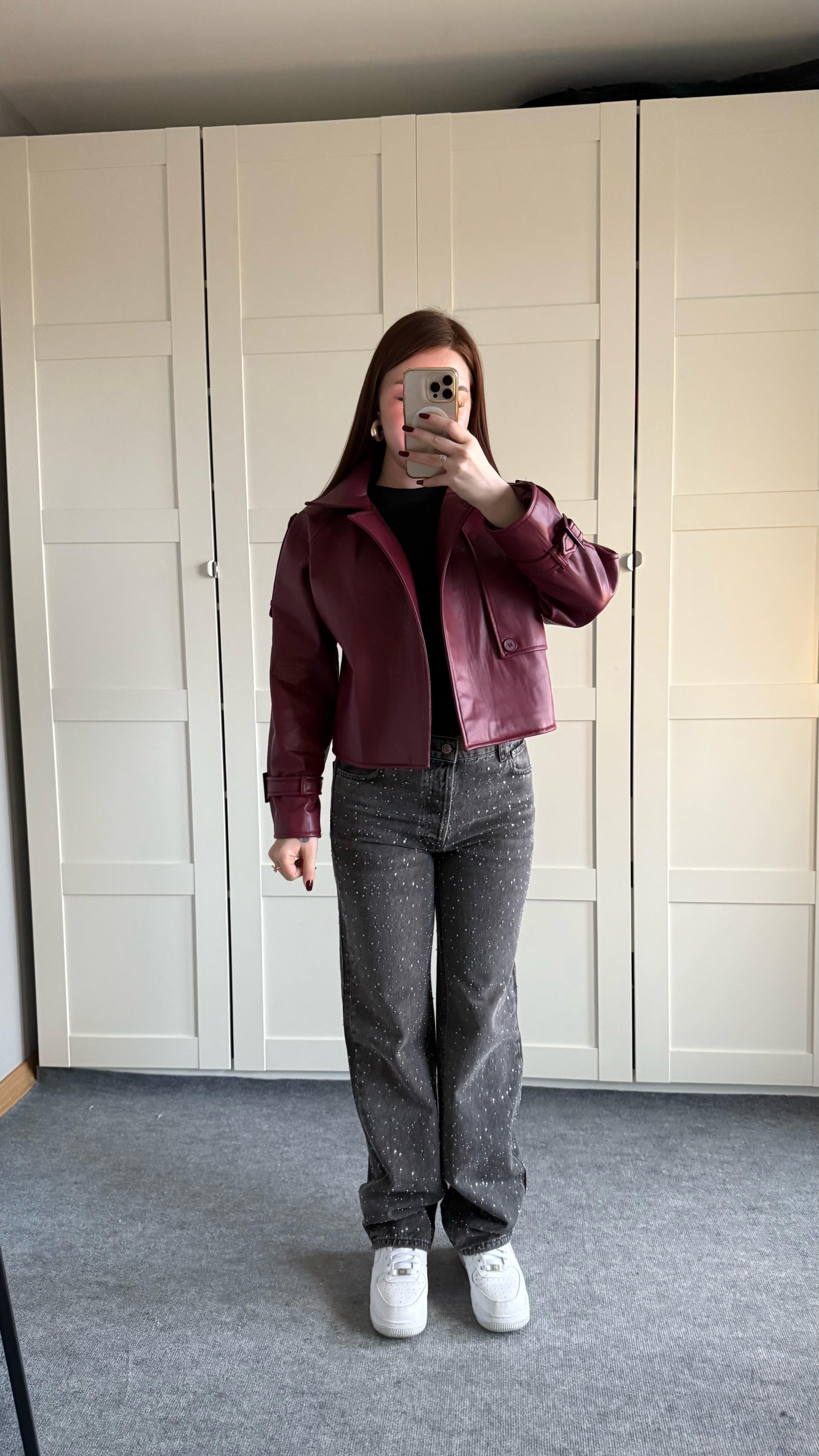 Massi Crop Biker Ceket Bordo
