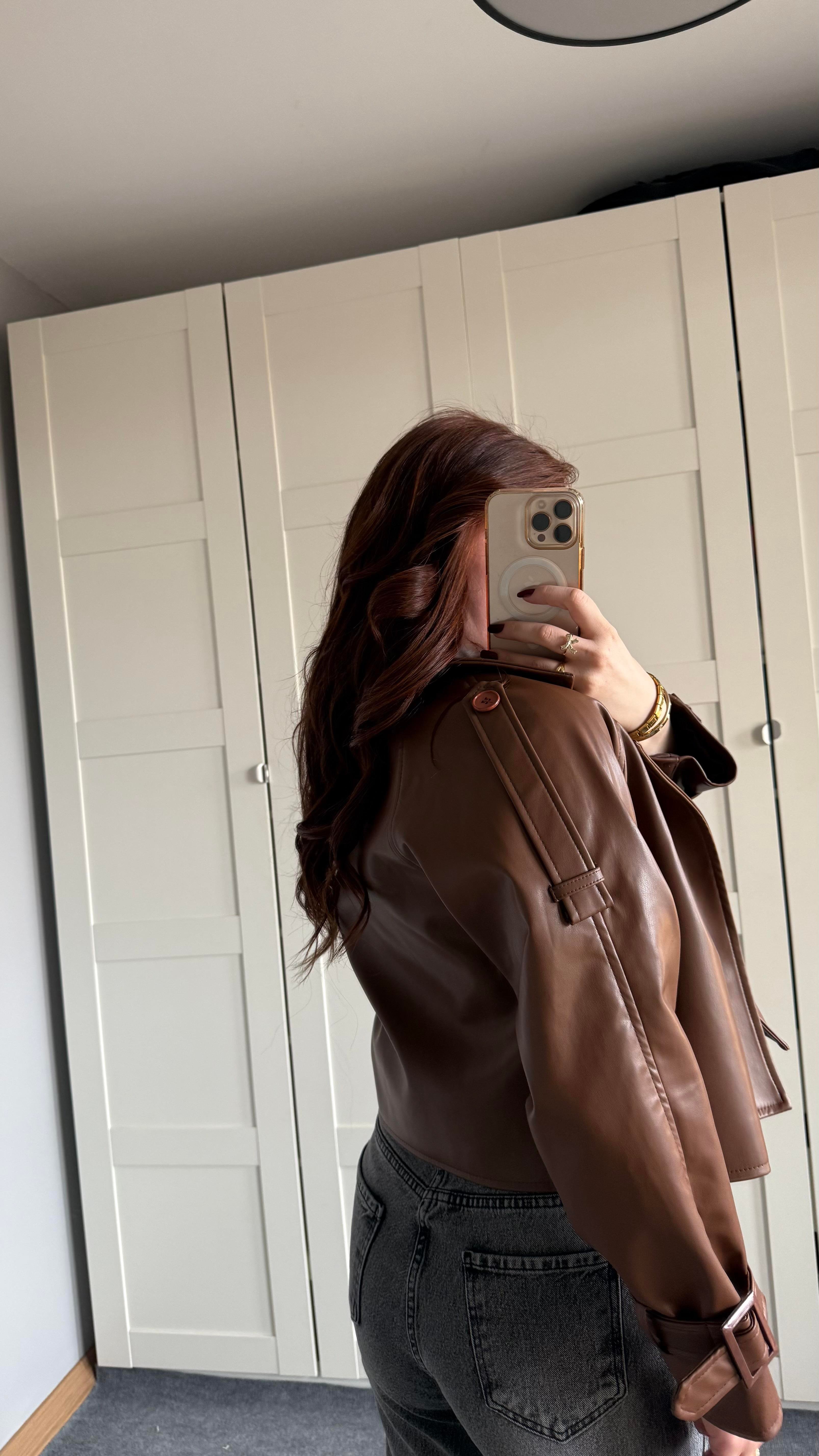 Massi Crop Biker Ceket Kahverengi 
