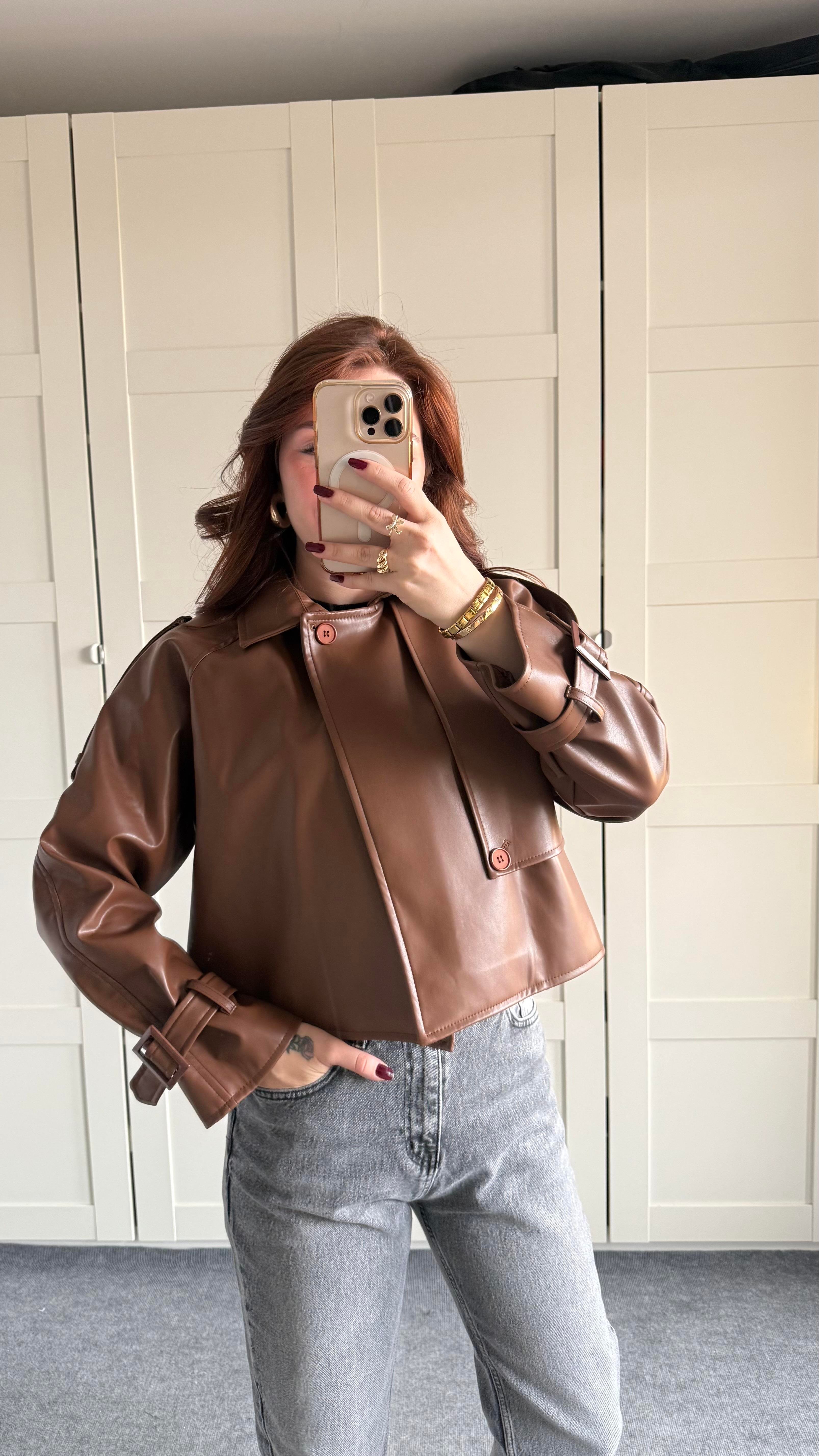 Massi Crop Biker Ceket Kahverengi 