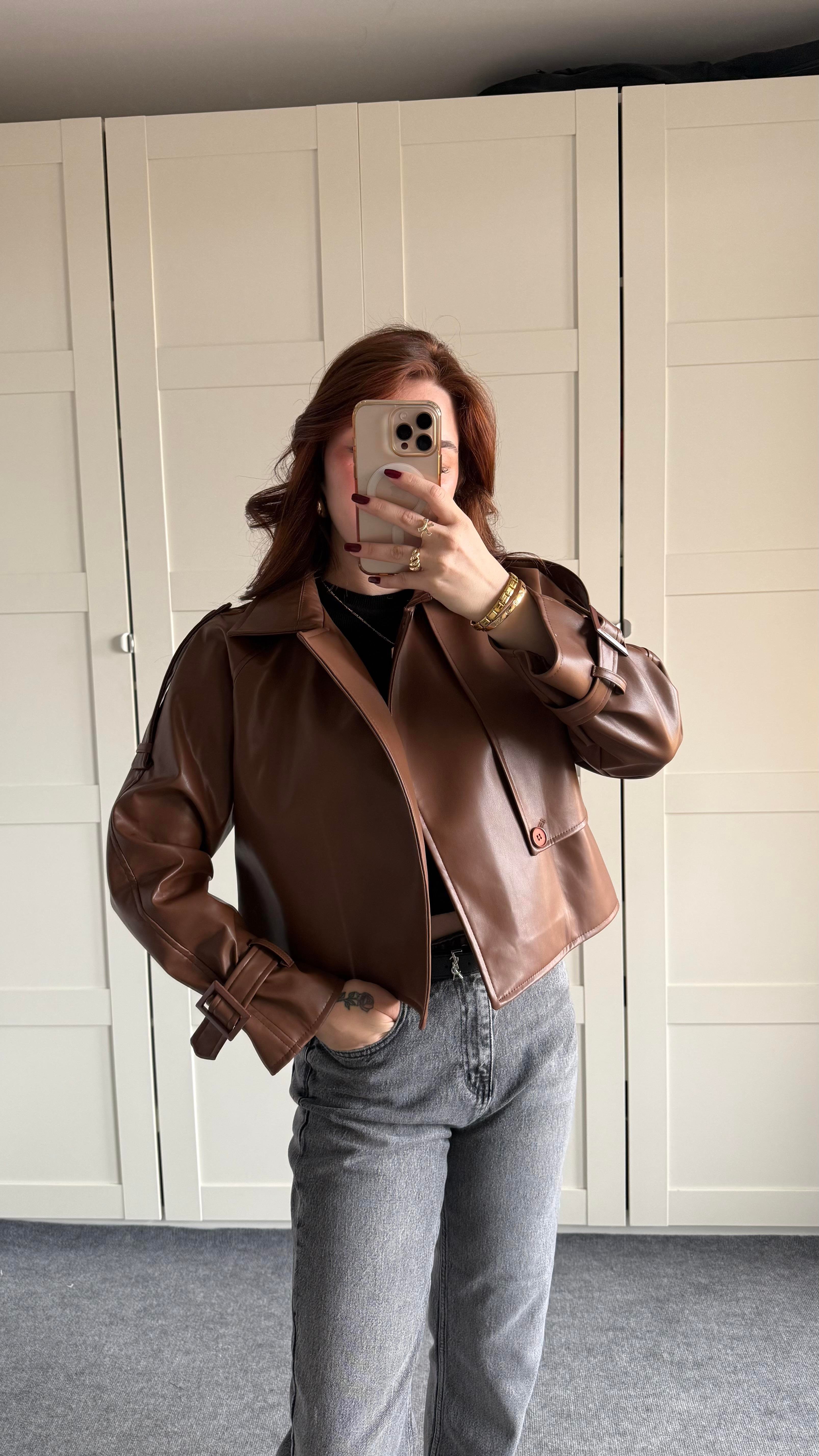 Massi Crop Biker Ceket Kahverengi 