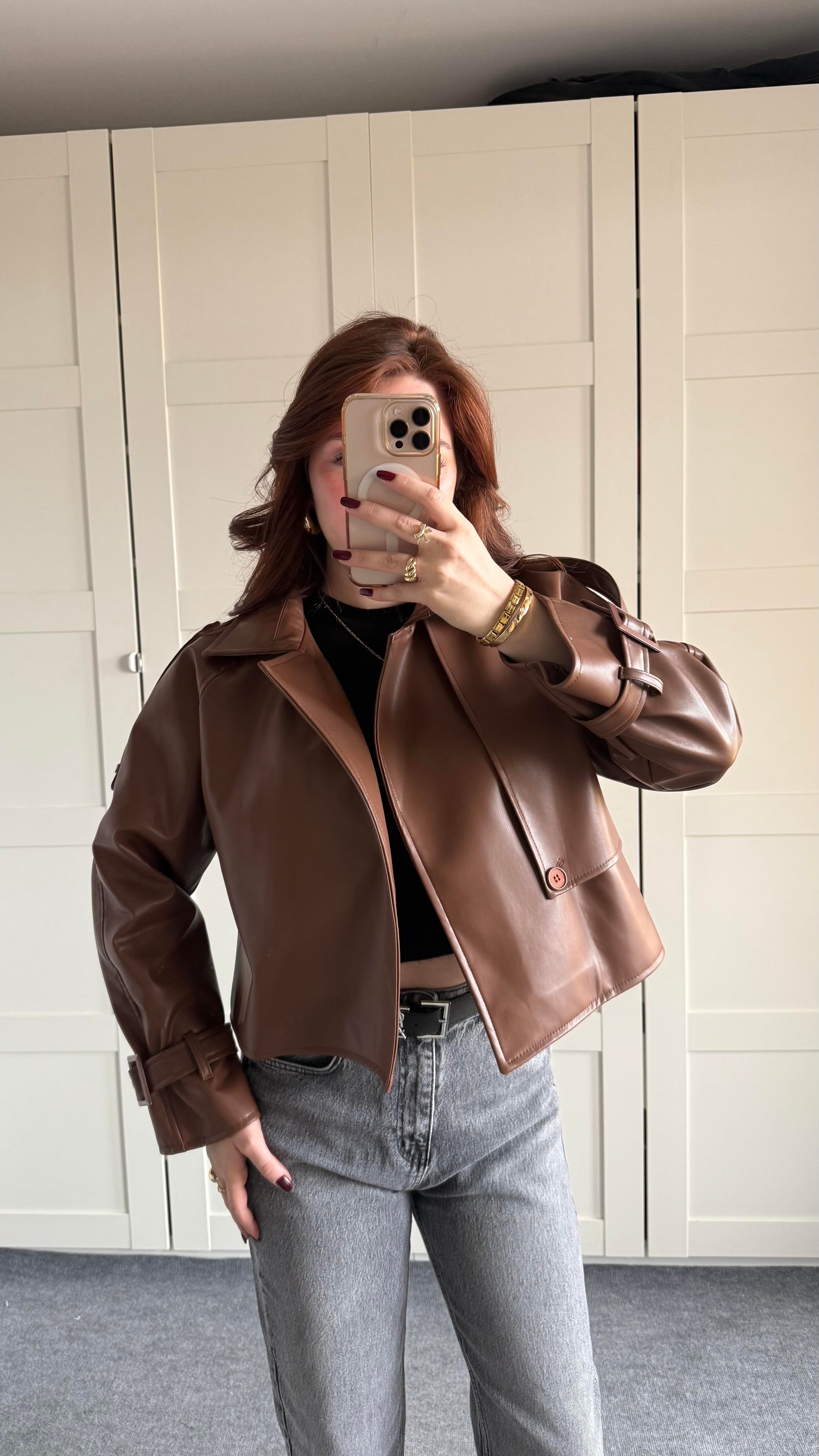 Massi Crop Biker Ceket Kahverengi 