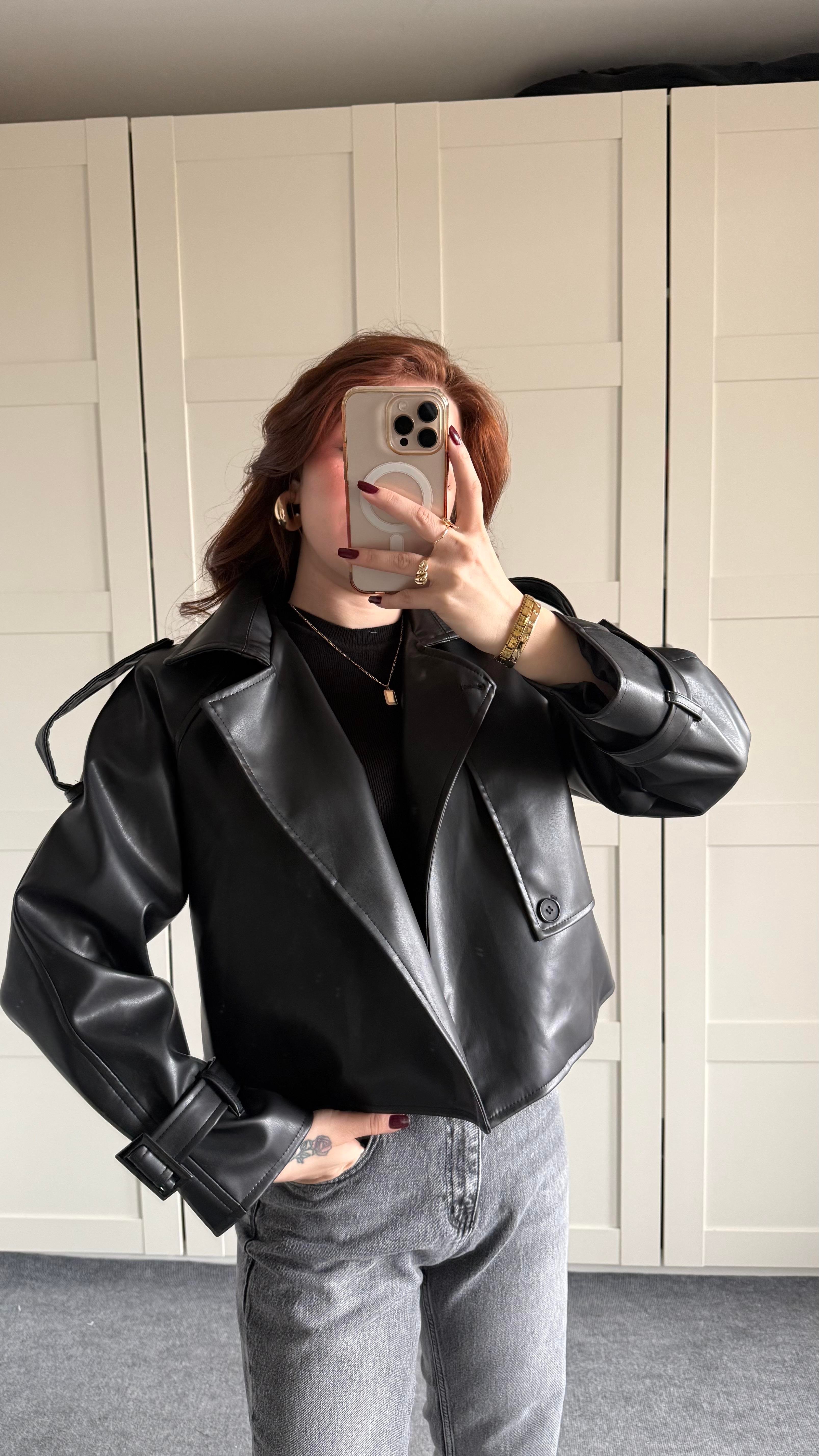 Massi Crop Biker Ceket Siyah